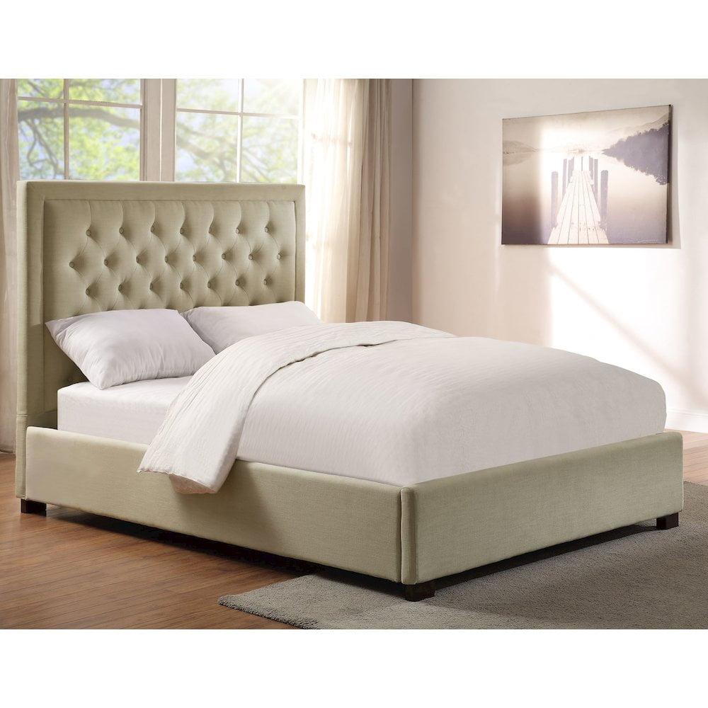 Beige Queen Upholstered Bed with Tufted Headboard and Nailhead Trim