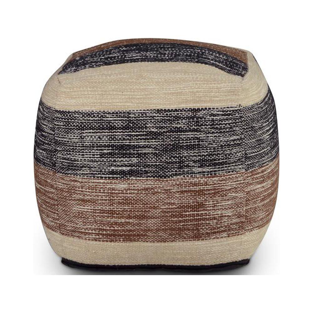 Tri-Color Earth Stripe Handwoven Pouf in Black, Brown, and Beige