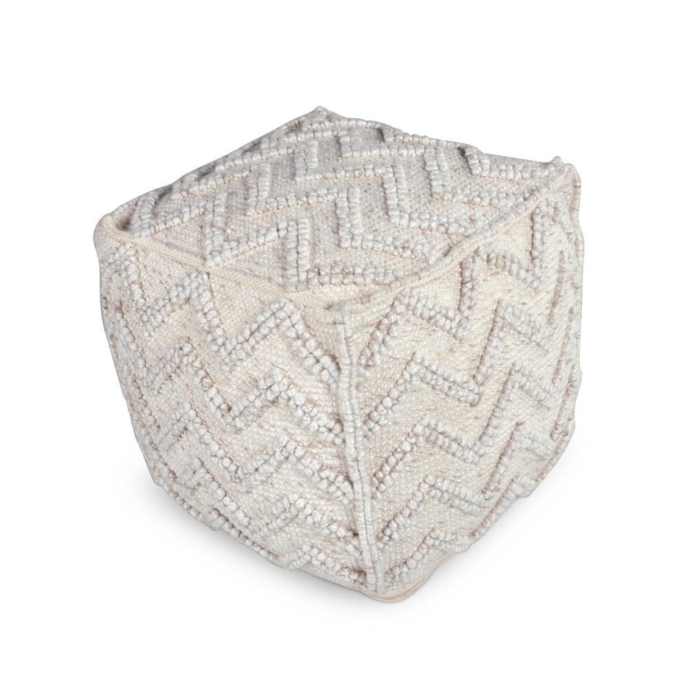 Kenzari Cream Zigzag Handwoven Wool Pouf - 18"