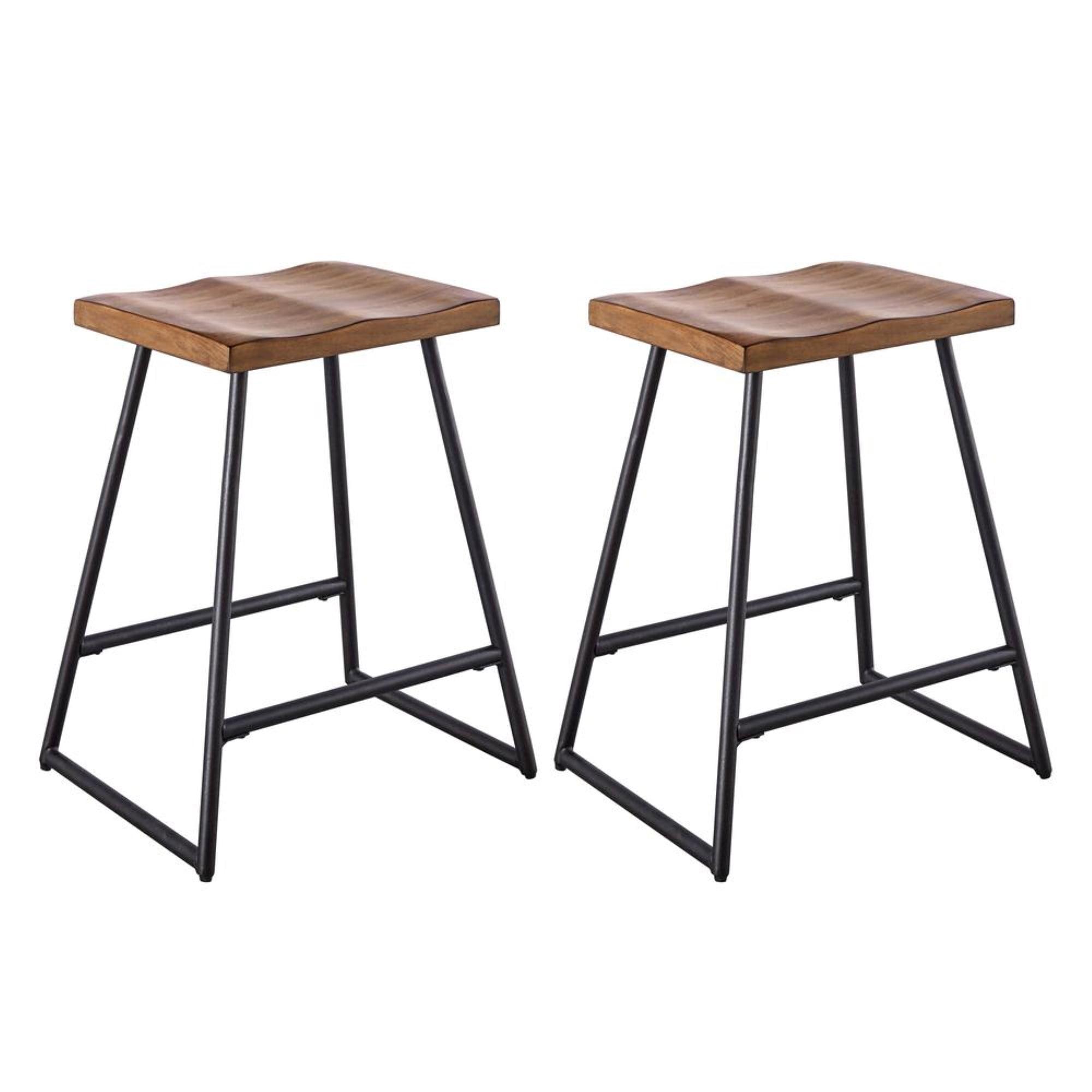 Rustic Saddle Style Brown Wood and Metal Counter Stool, 25" Height