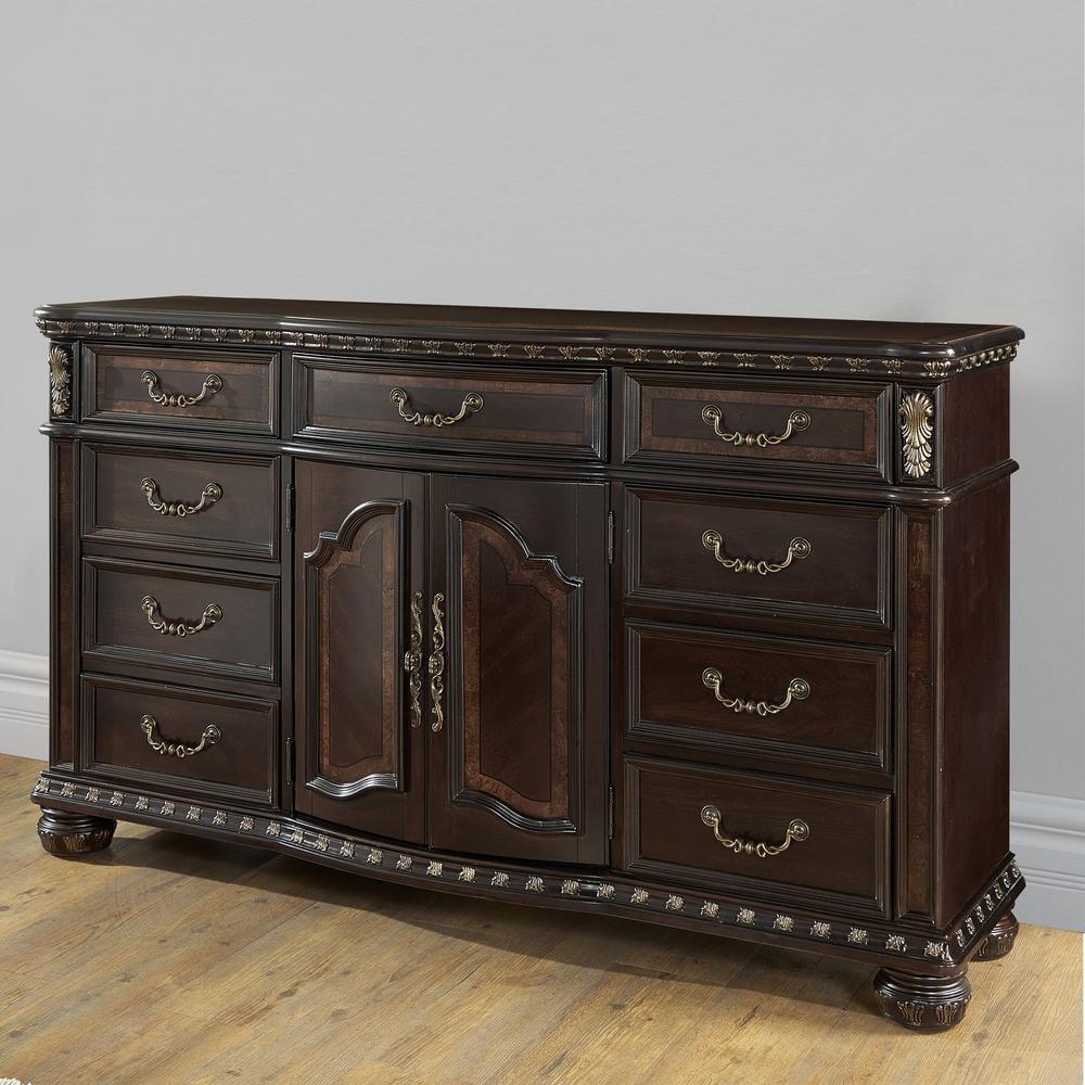 Cocoa Brown Traditional 9-Drawer Dresser with Gold Floral Accents