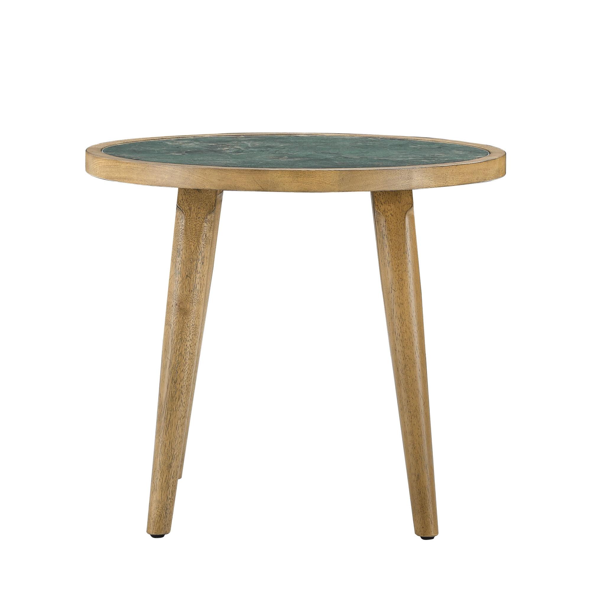 22" Round Green Sintered Stone and Wood End Table