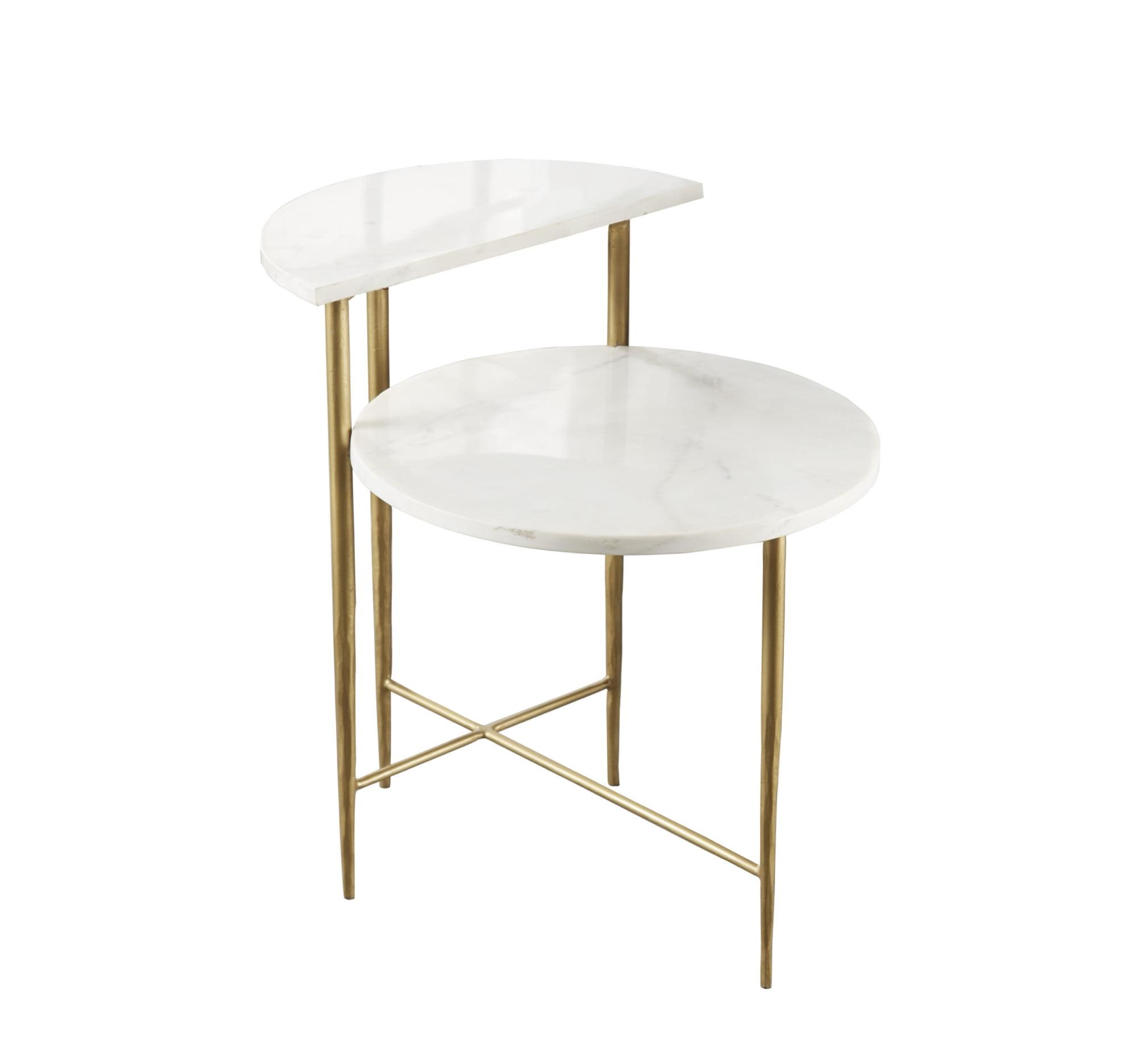 Patna White Marble Top Round Accent Table with Brass Base and Storage