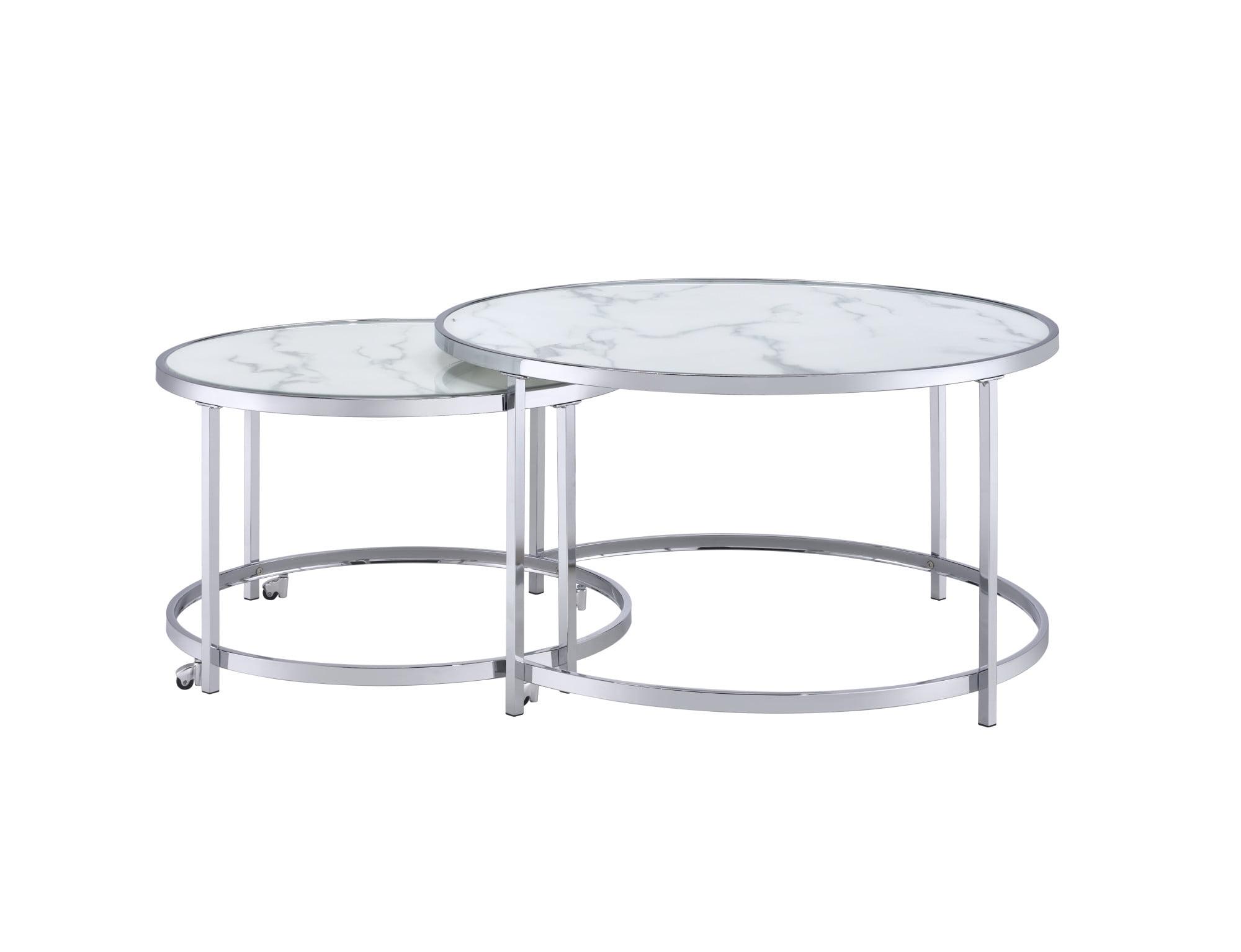 Rayne Nesting Cocktail Table White - Steve Silver Co.: Chrome Frame, Faux Marble Top, 2-Piece Set