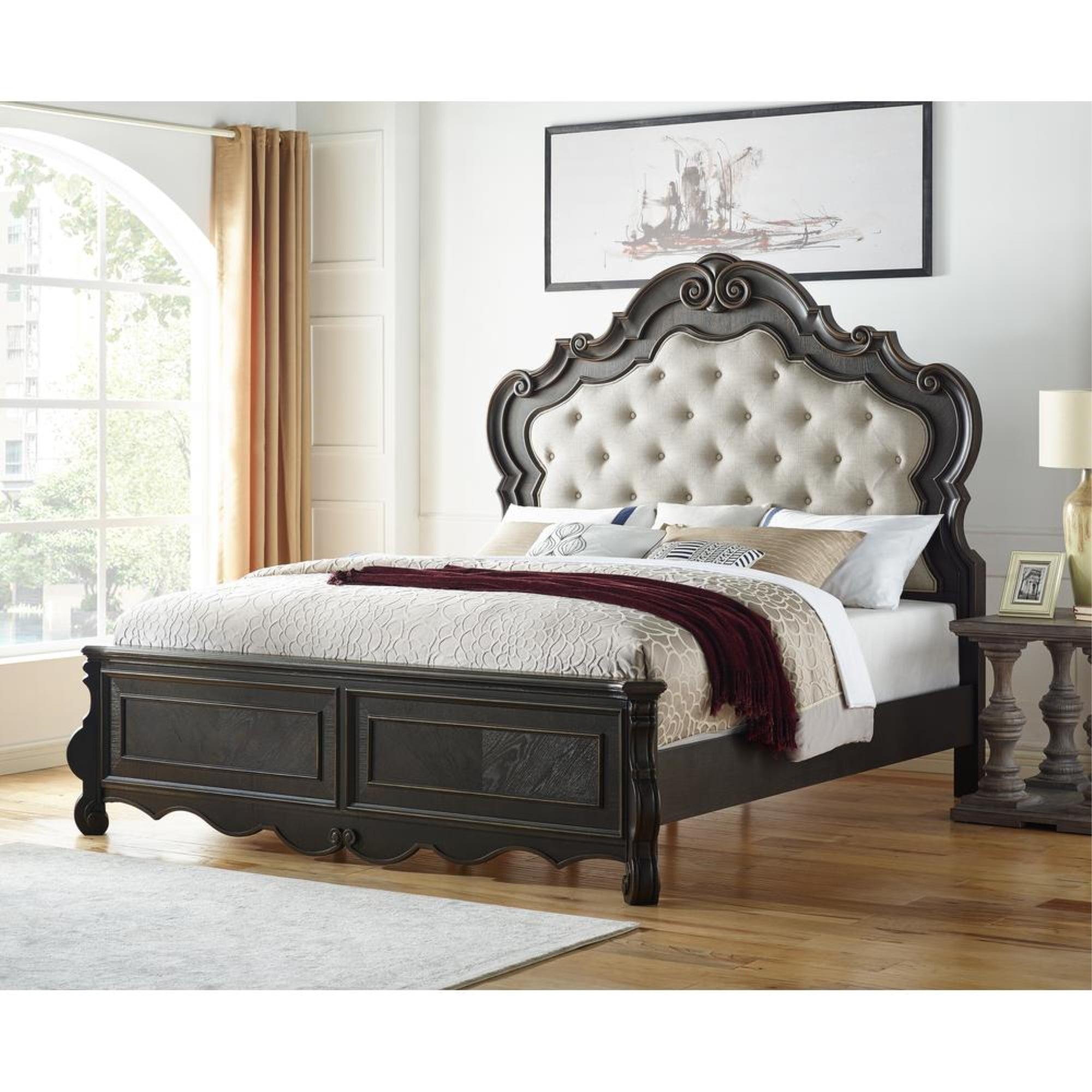 Traditional King Brown Wood Upholstered Tufted Bed