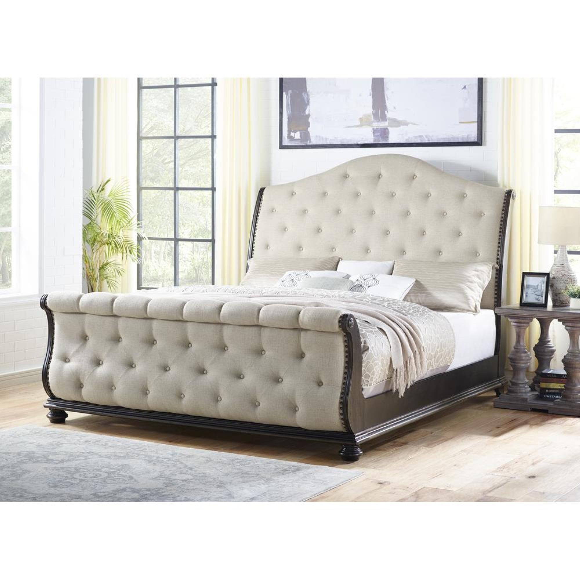 Queen Beige Tufted Upholstered Sleigh Bed with Nailhead Trim