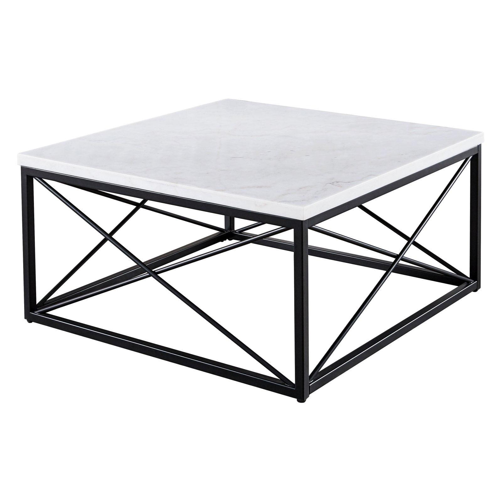 Modern Square Marble Cocktail Table with Black Iron Base