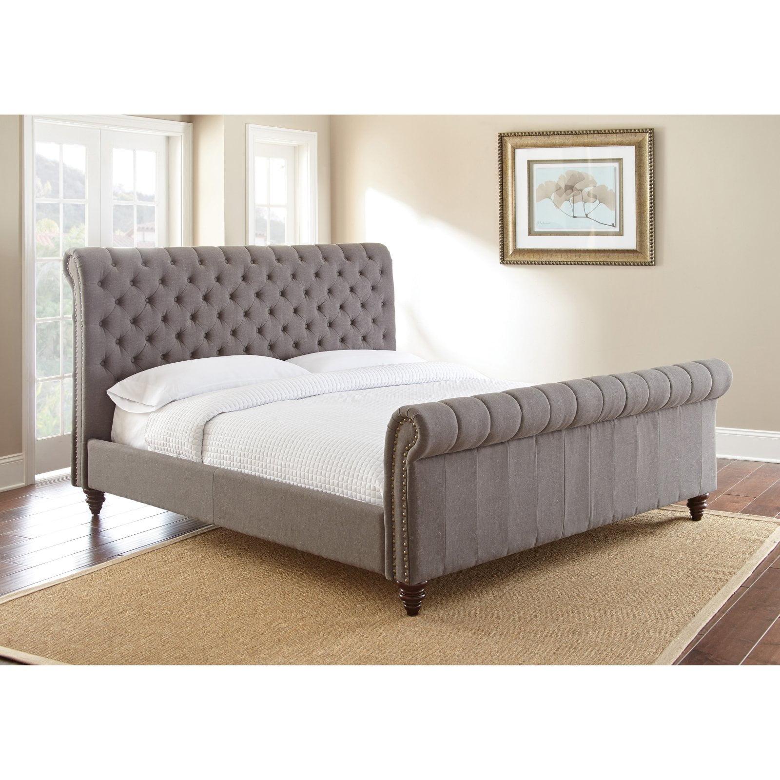 Gray Tufted Upholstered Queen Sleigh Bed with Nailhead Trim