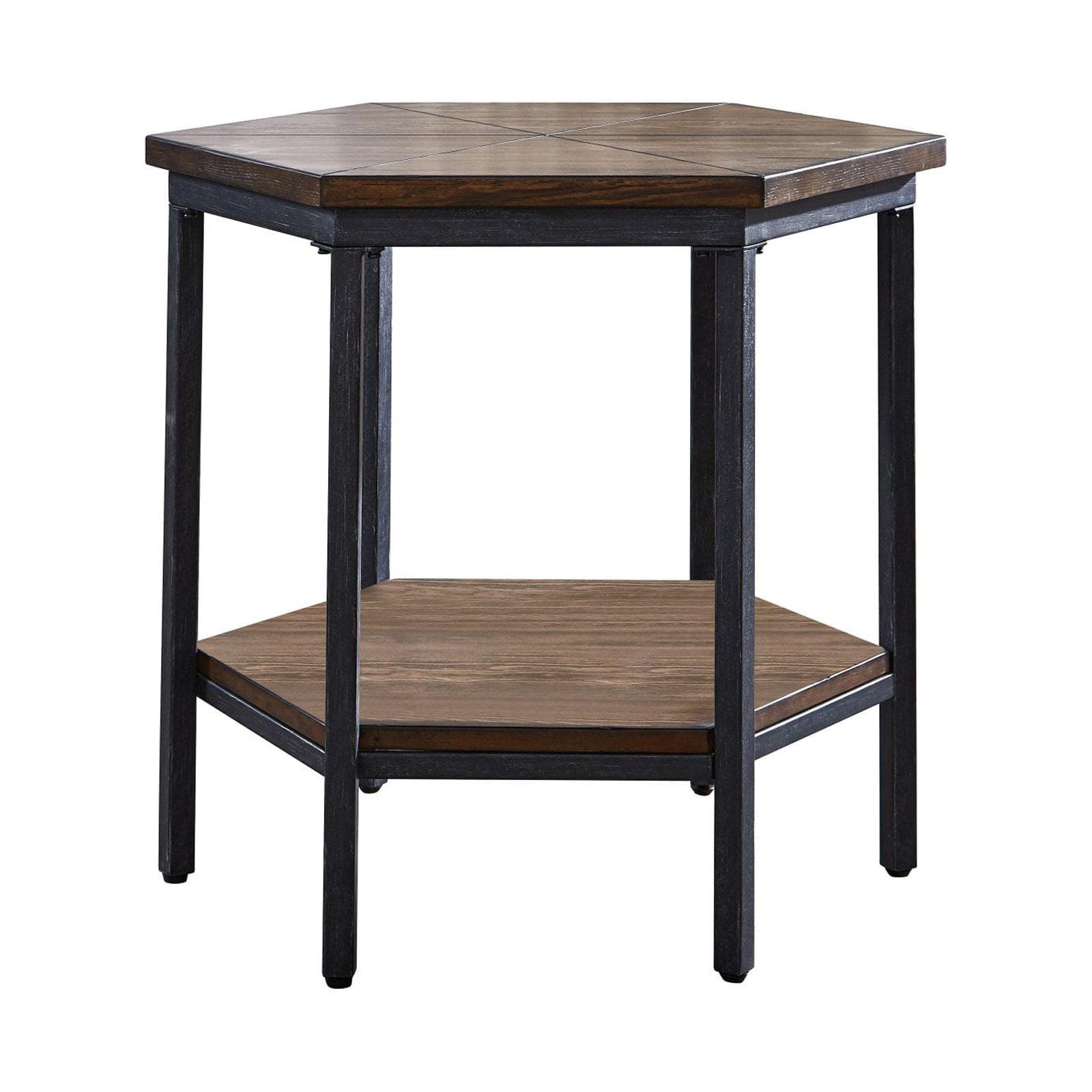 Mocha Hexagonal Wooden End Table with Iron Base and Storage