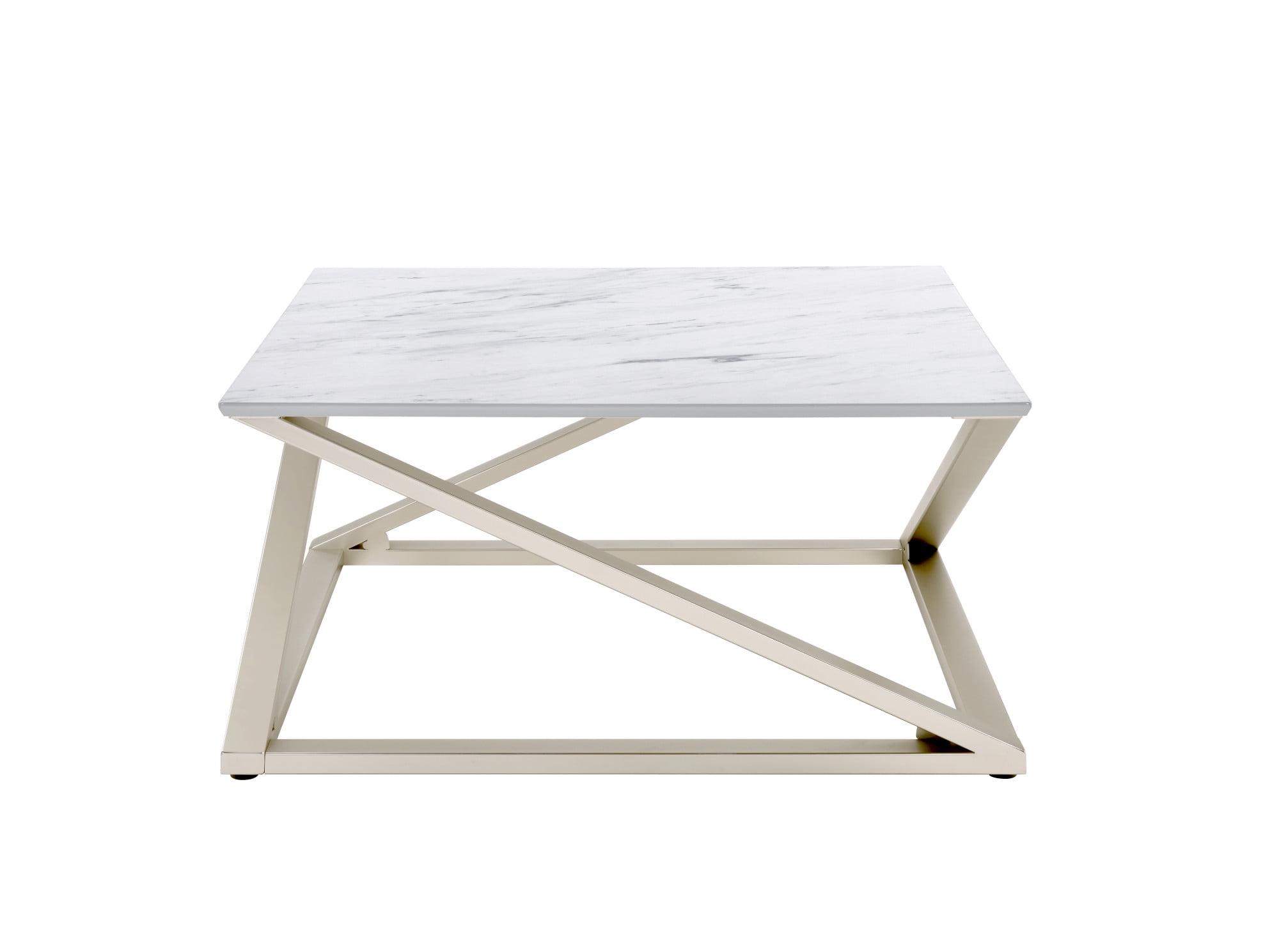 Zurich 36" White Faux Marble Square Coffee Table with Metal Base