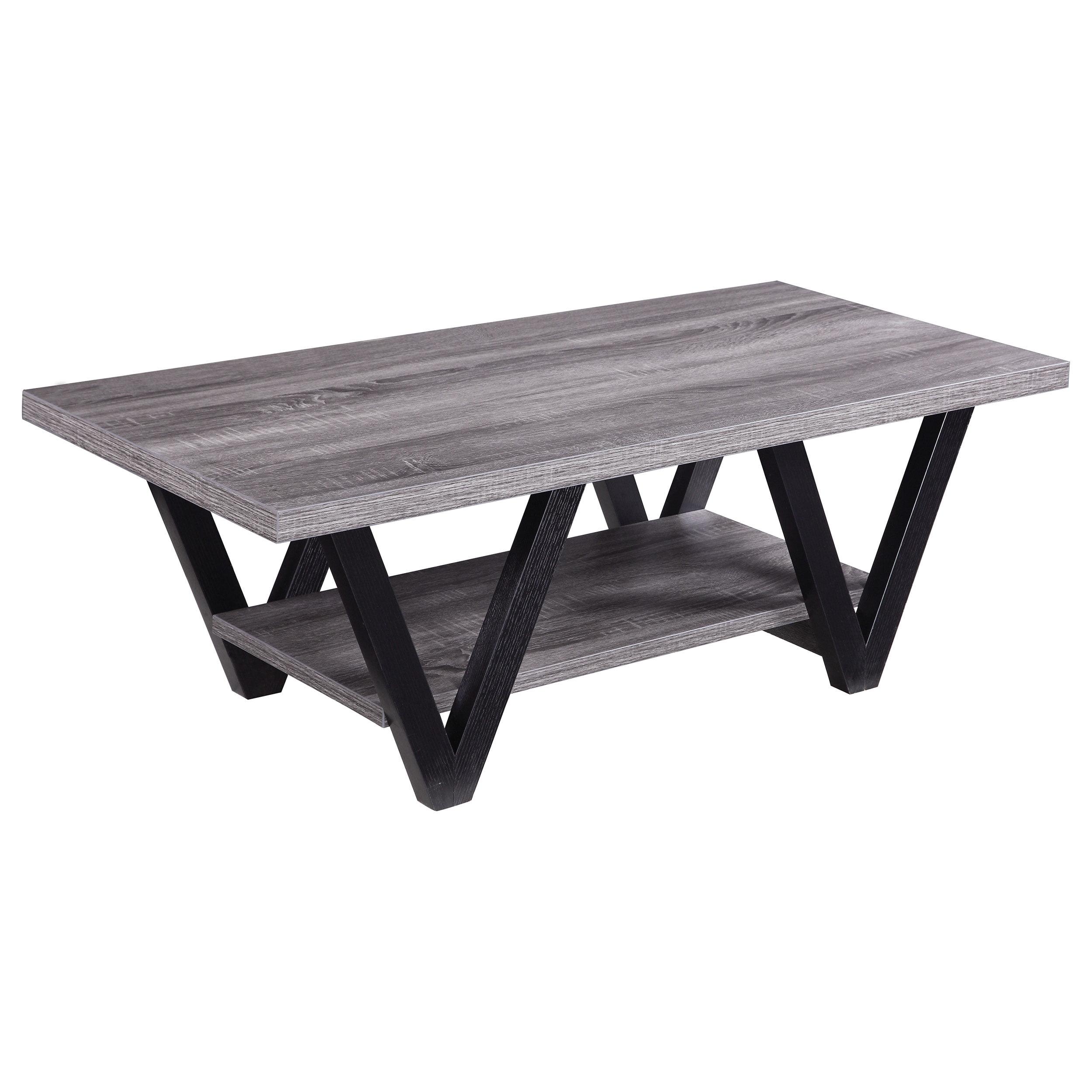 Retro Zigzag Wooden Coffee Table with Bottom Shelf in Weathered Grey and Black