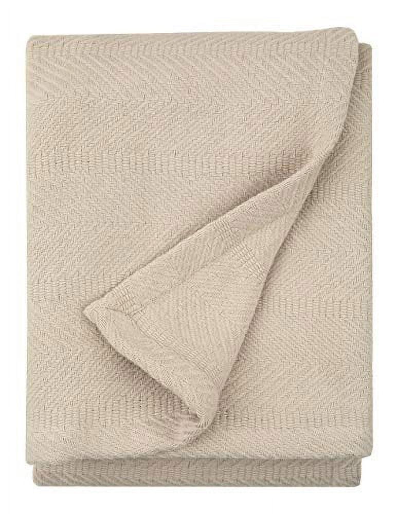Classic Tan Herringbone Cotton Throw Blanket, 60" x 50"