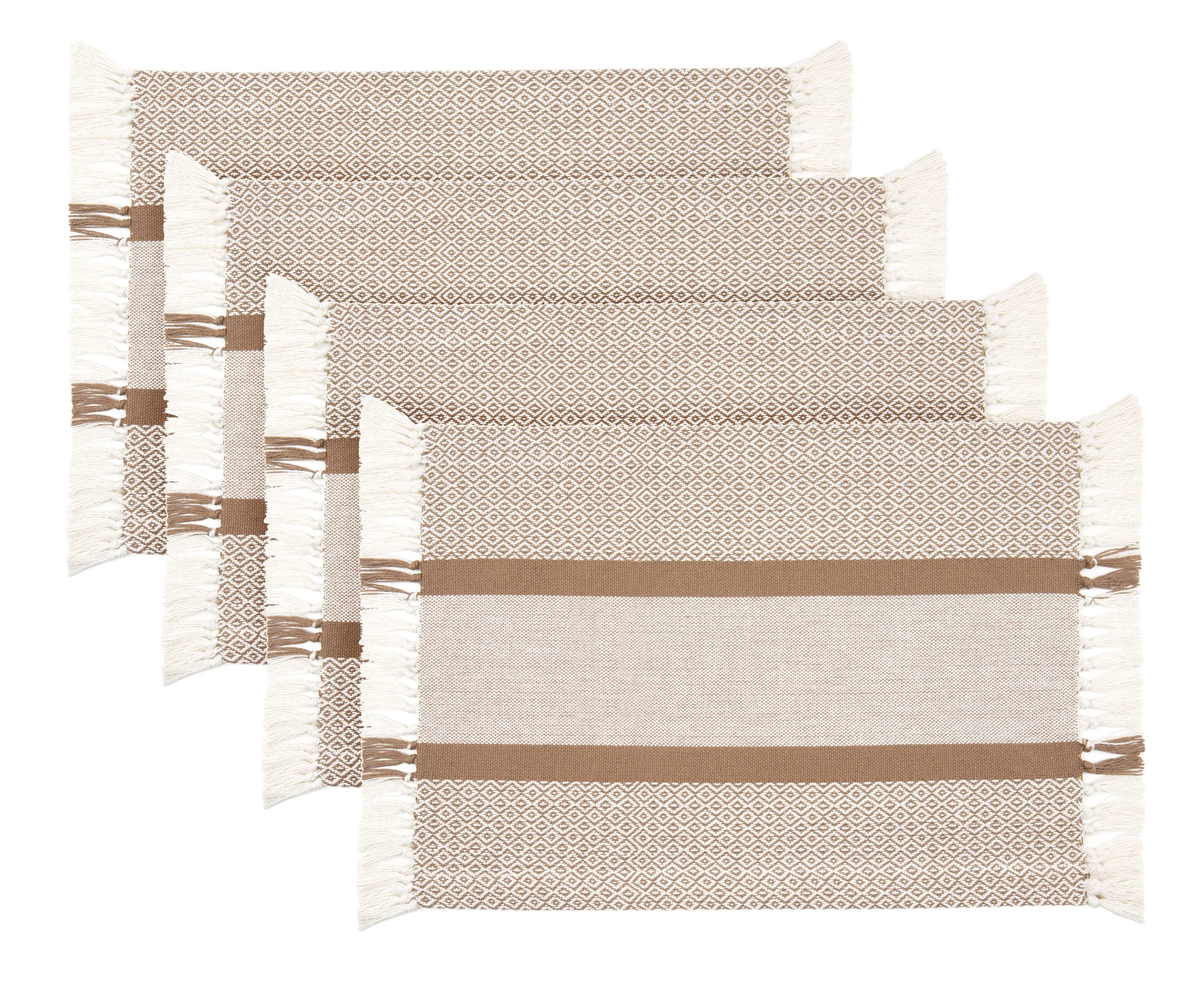 Tan Cotton Woven Rectangular Placemats with Fringe, Set of 4