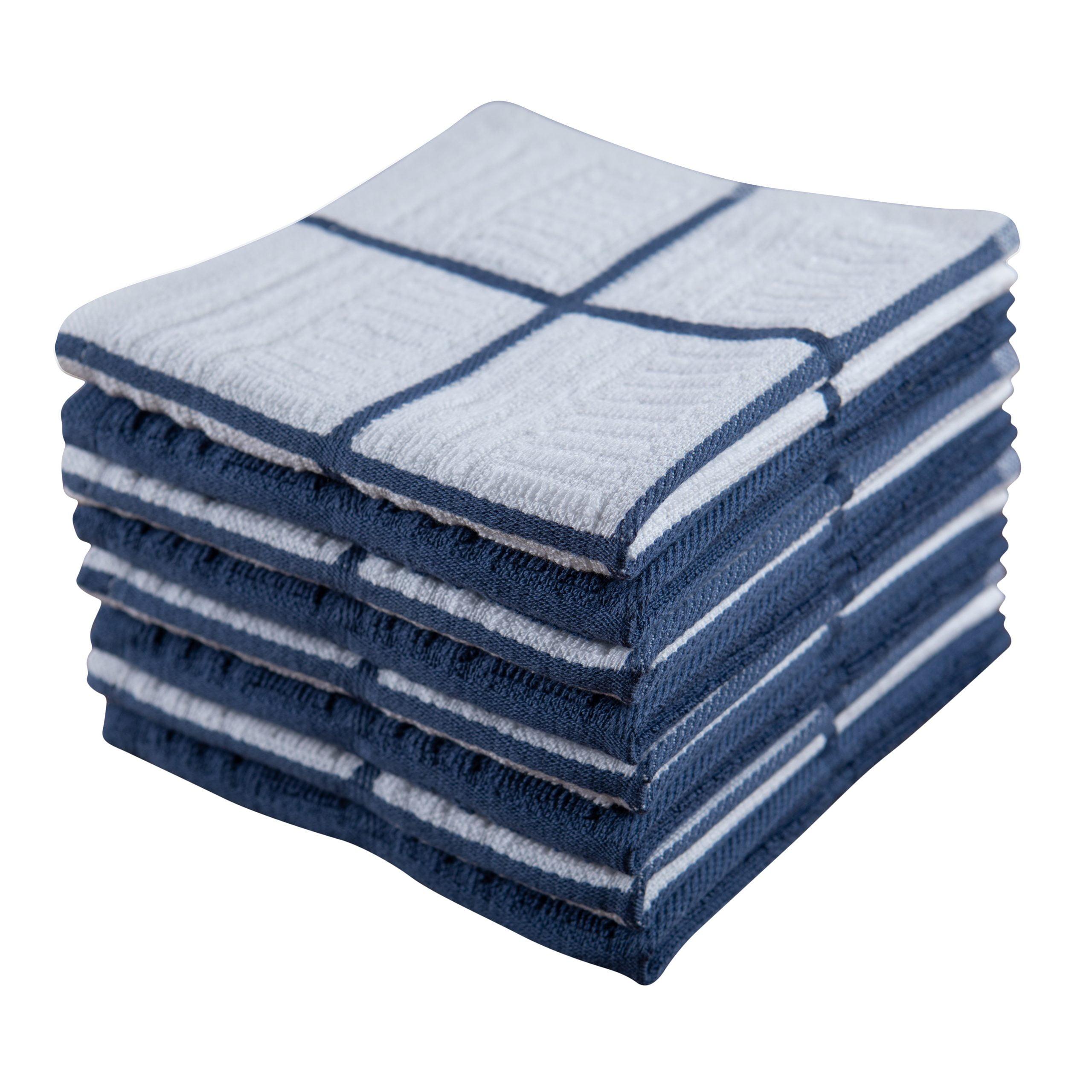 Dark Blue and White Cotton Terry Kitchen Dishcloth Set, 12x12 inches, 8-Pack