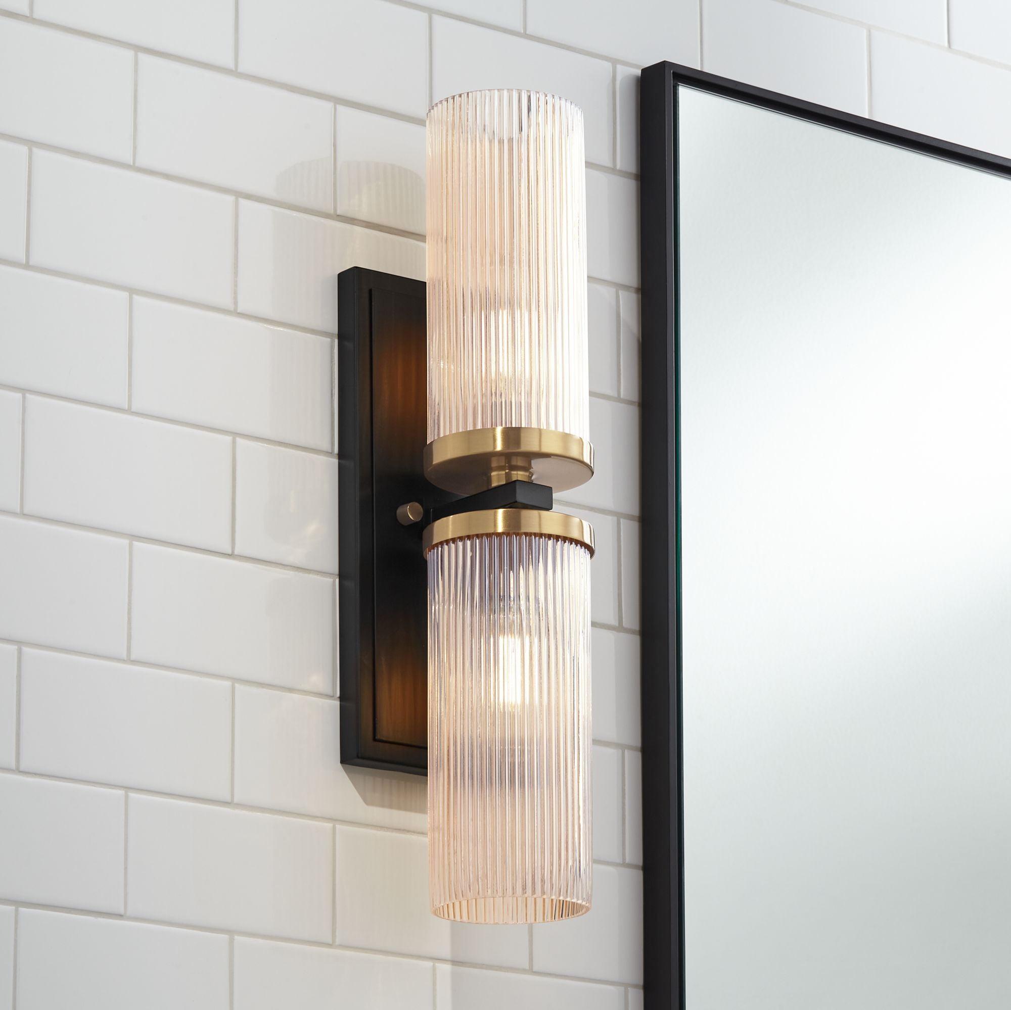 Black and Brass 2-Light Vanity Sconce with Ribbed Glass