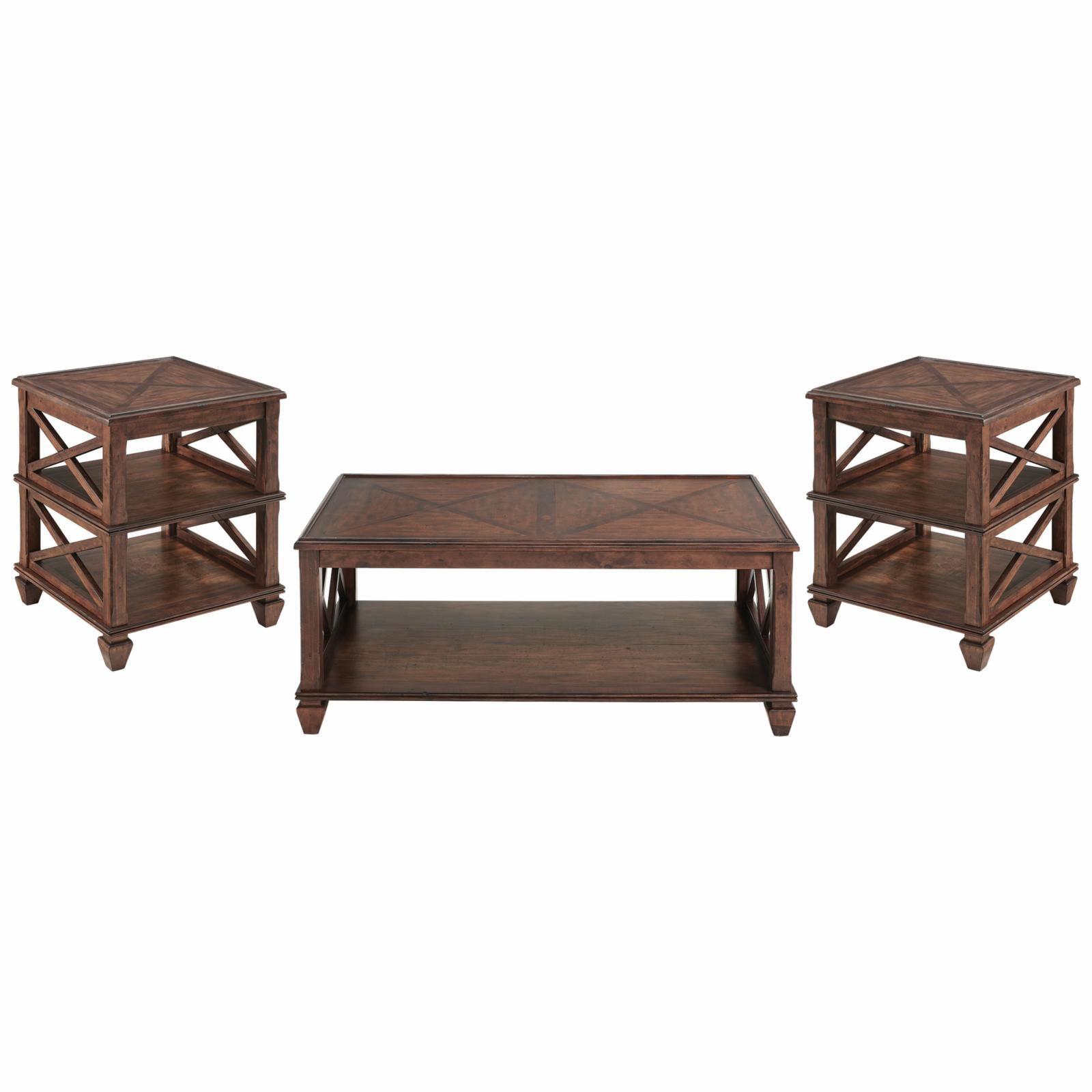 3pc Bridgton Wood Living Room Set with Coffee Table and 2 Shelf End Tables Cherry - Alaterre Furniture: Mid-Century Modern Design