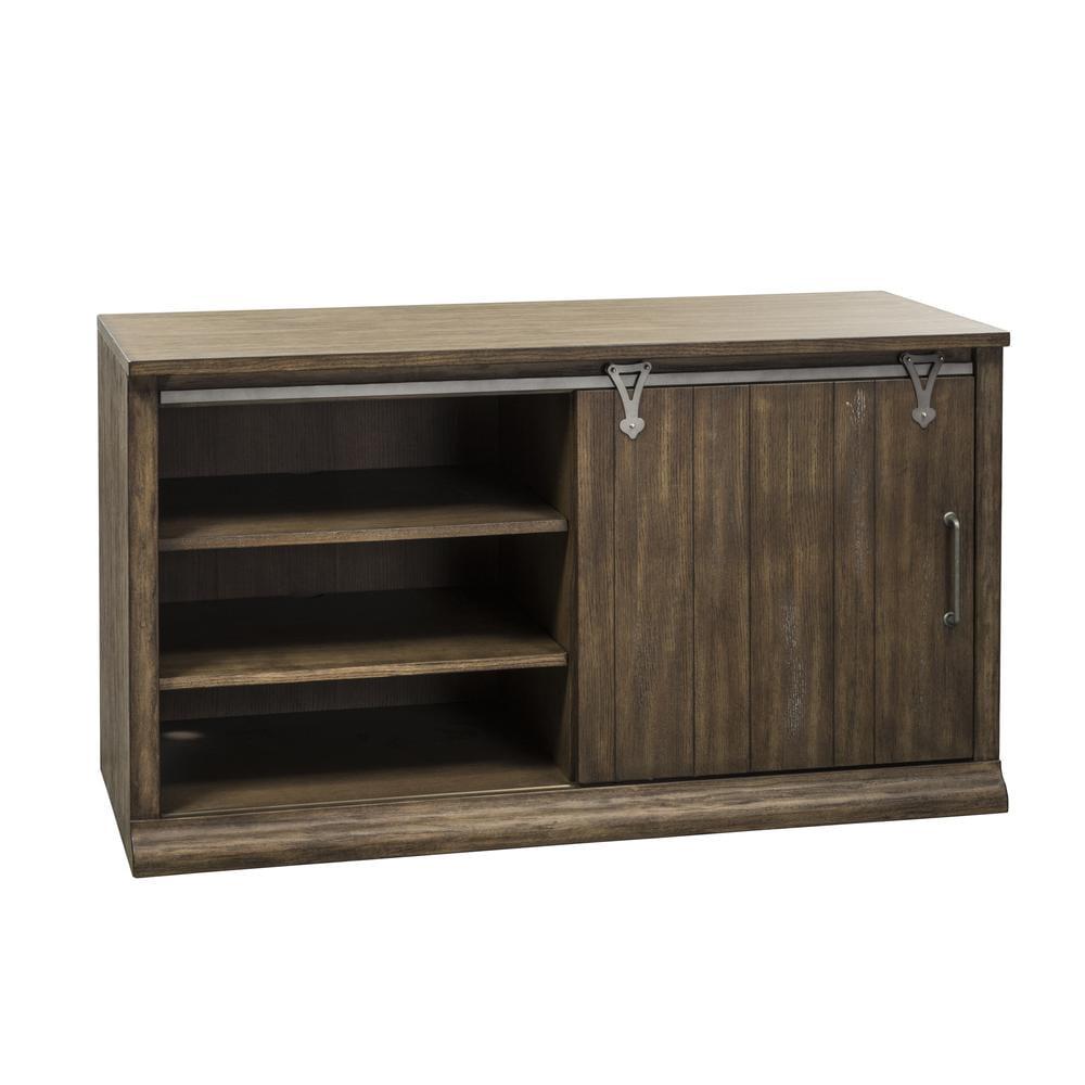 Rustic Brown Wood Computer Credenza with Sliding Barn Door