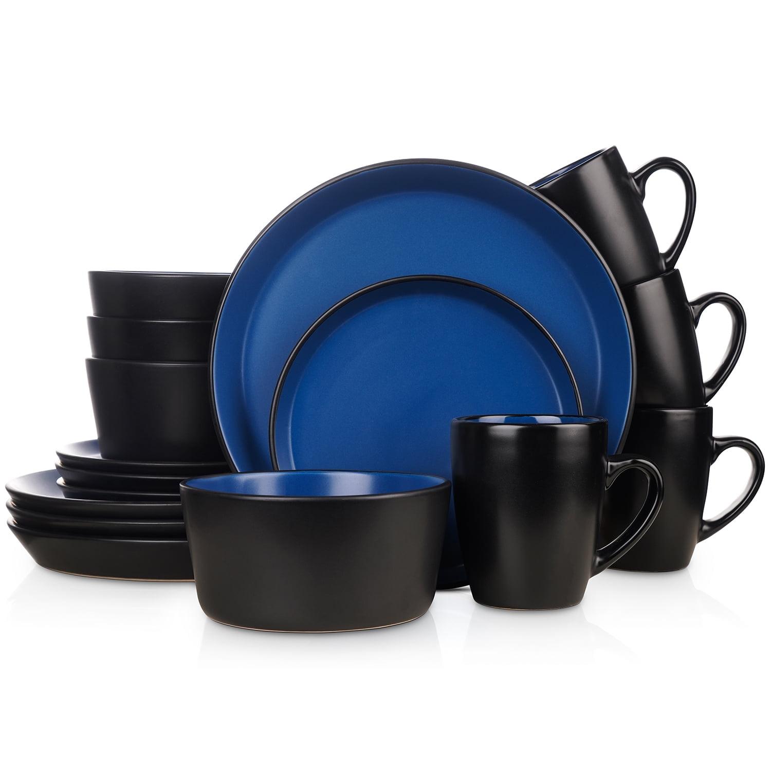 Blue and Black Glazed Porcelain 16-Piece Dinnerware Set