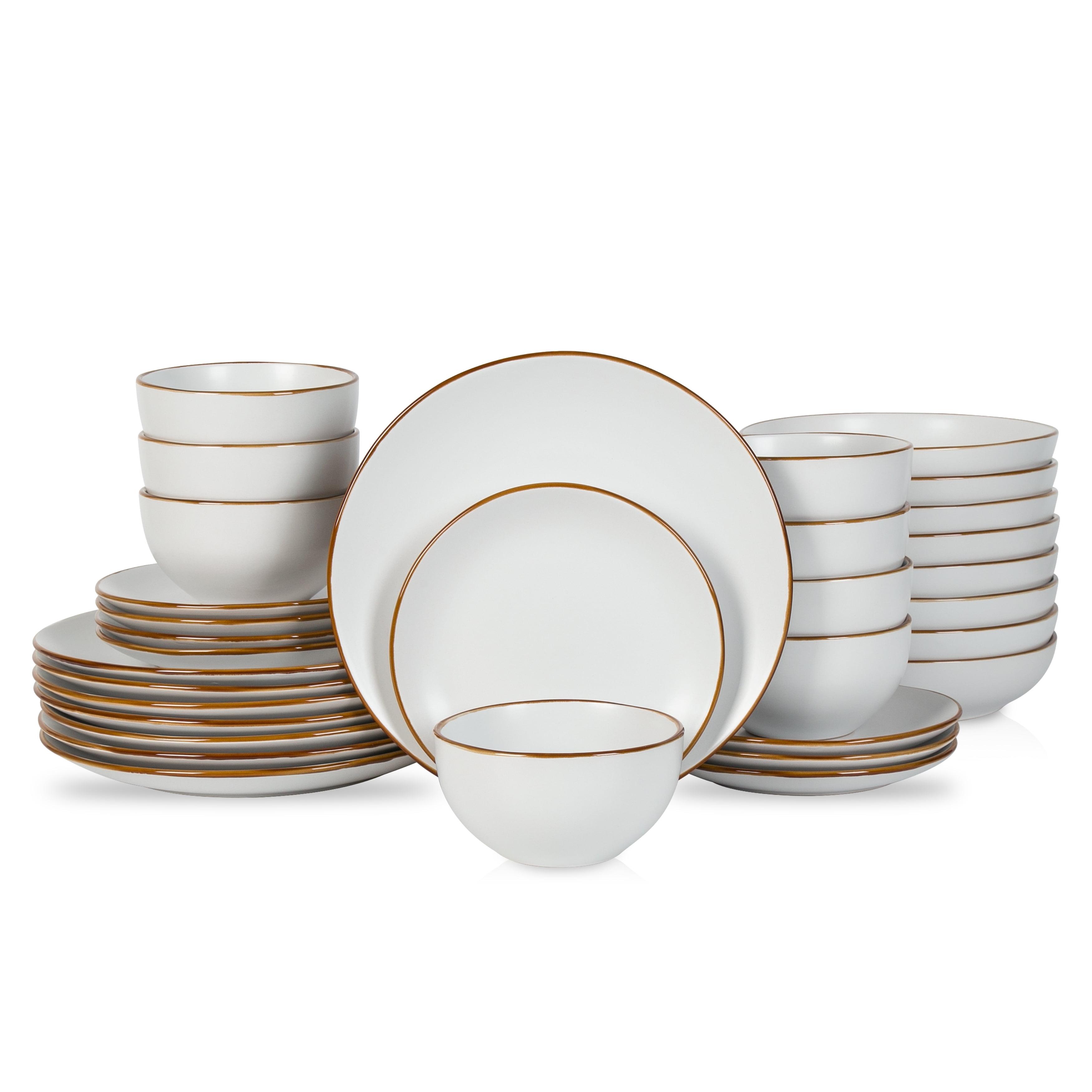 White Ceramic 32-Piece Dinnerware Set with Metallic Band