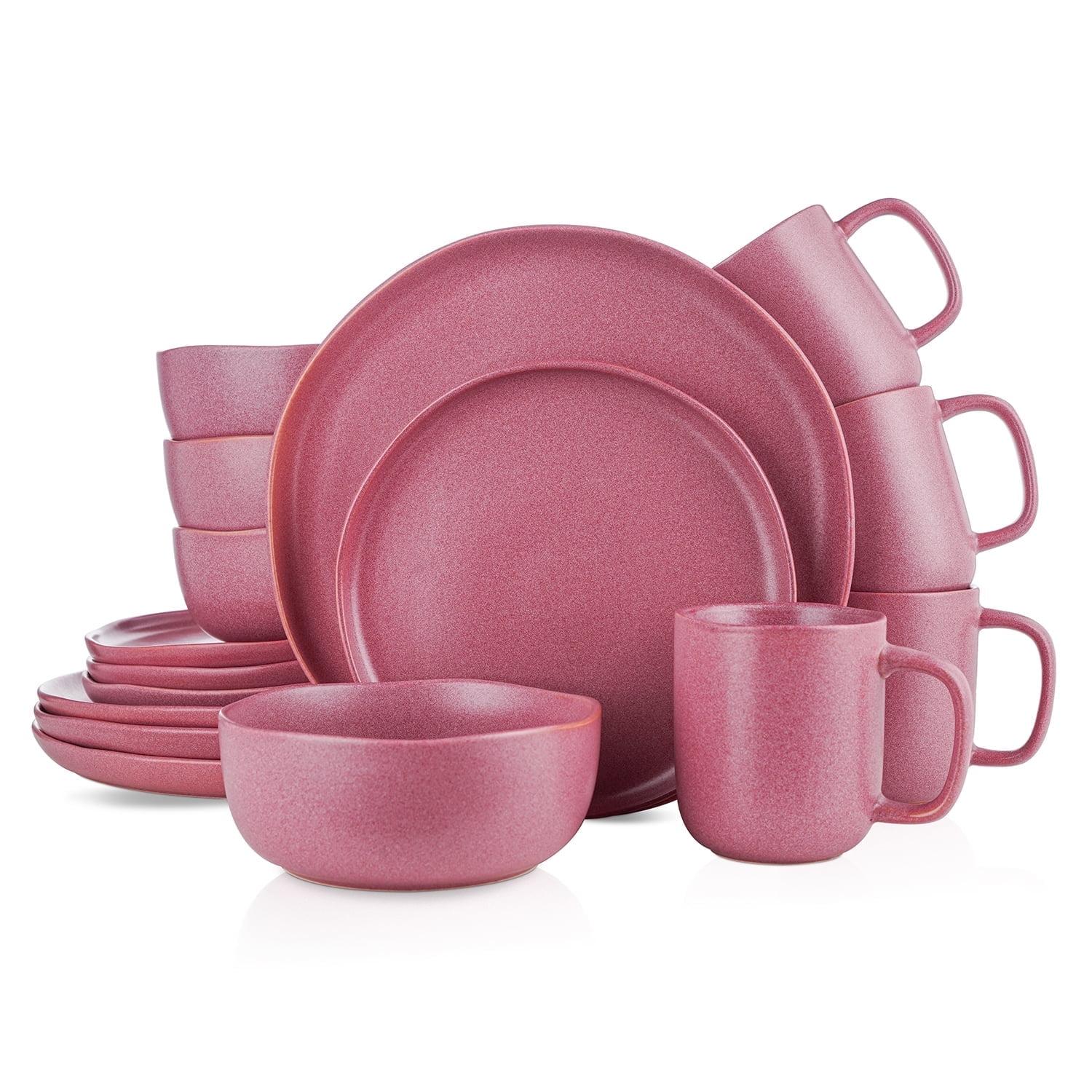 Pink and White Ceramic 16-Piece Dinnerware Set with Reactive Glaze