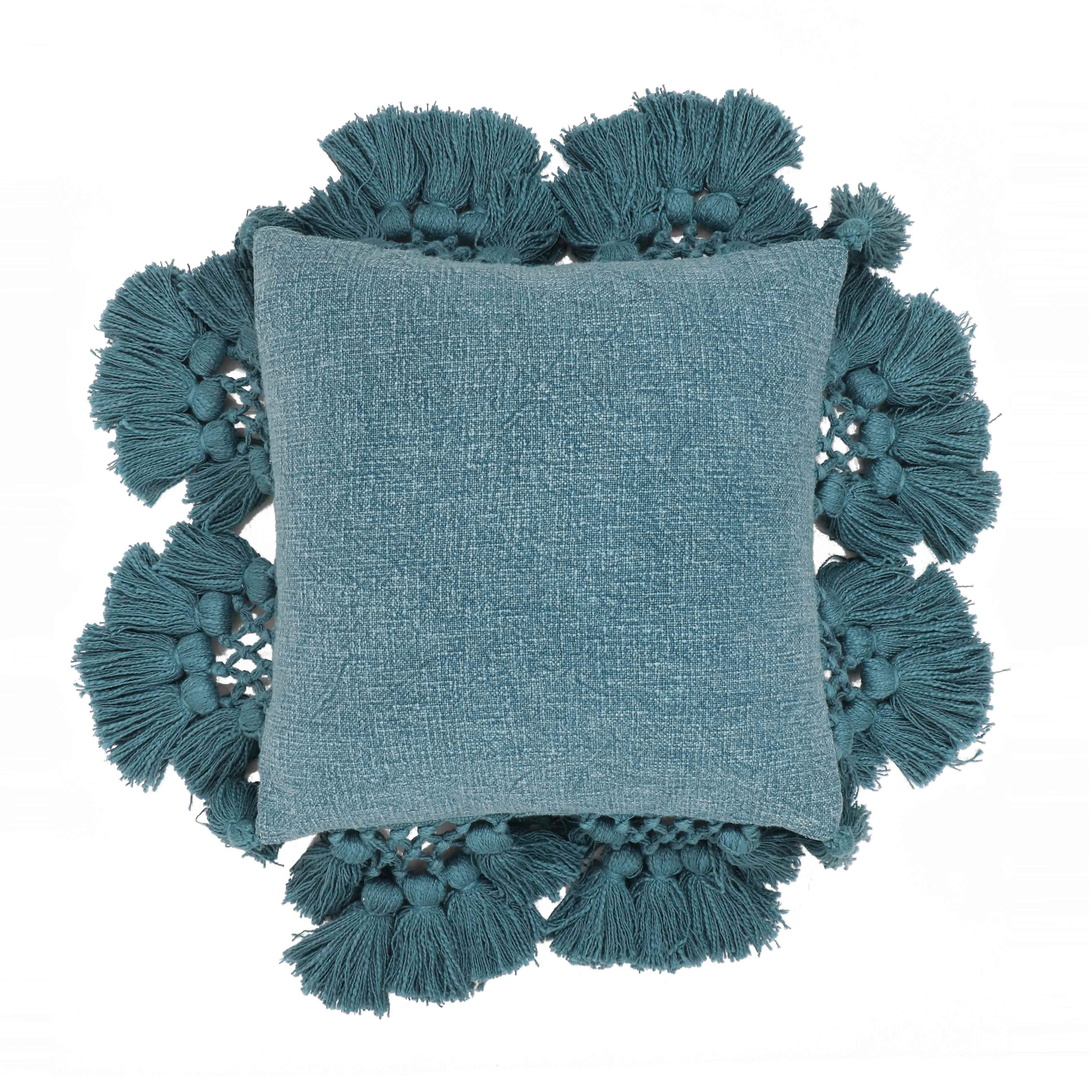 Denim Blue Cotton Square Pillow with Tassels