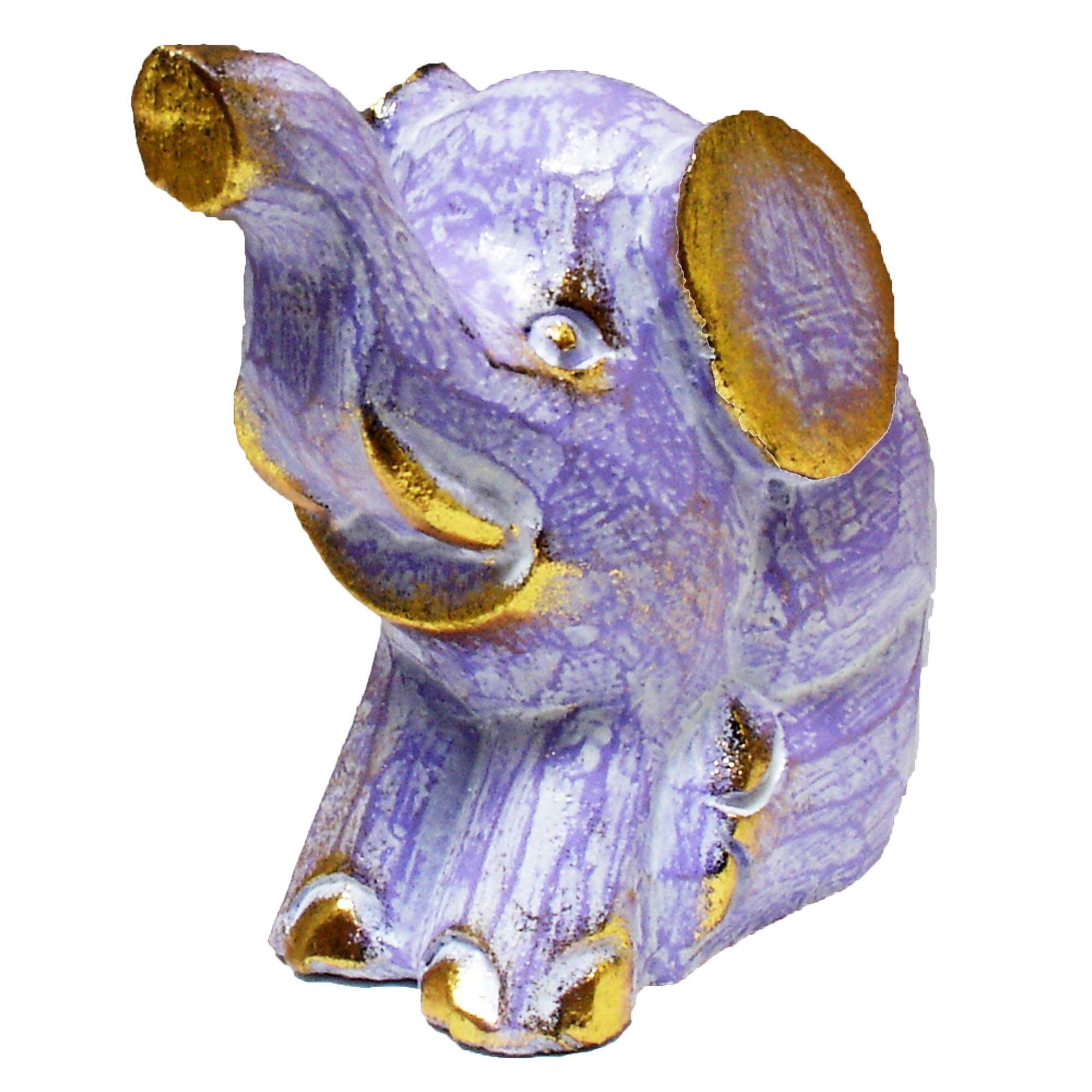 Hand-Carved Purple and Gold Wooden Elephant Figurine