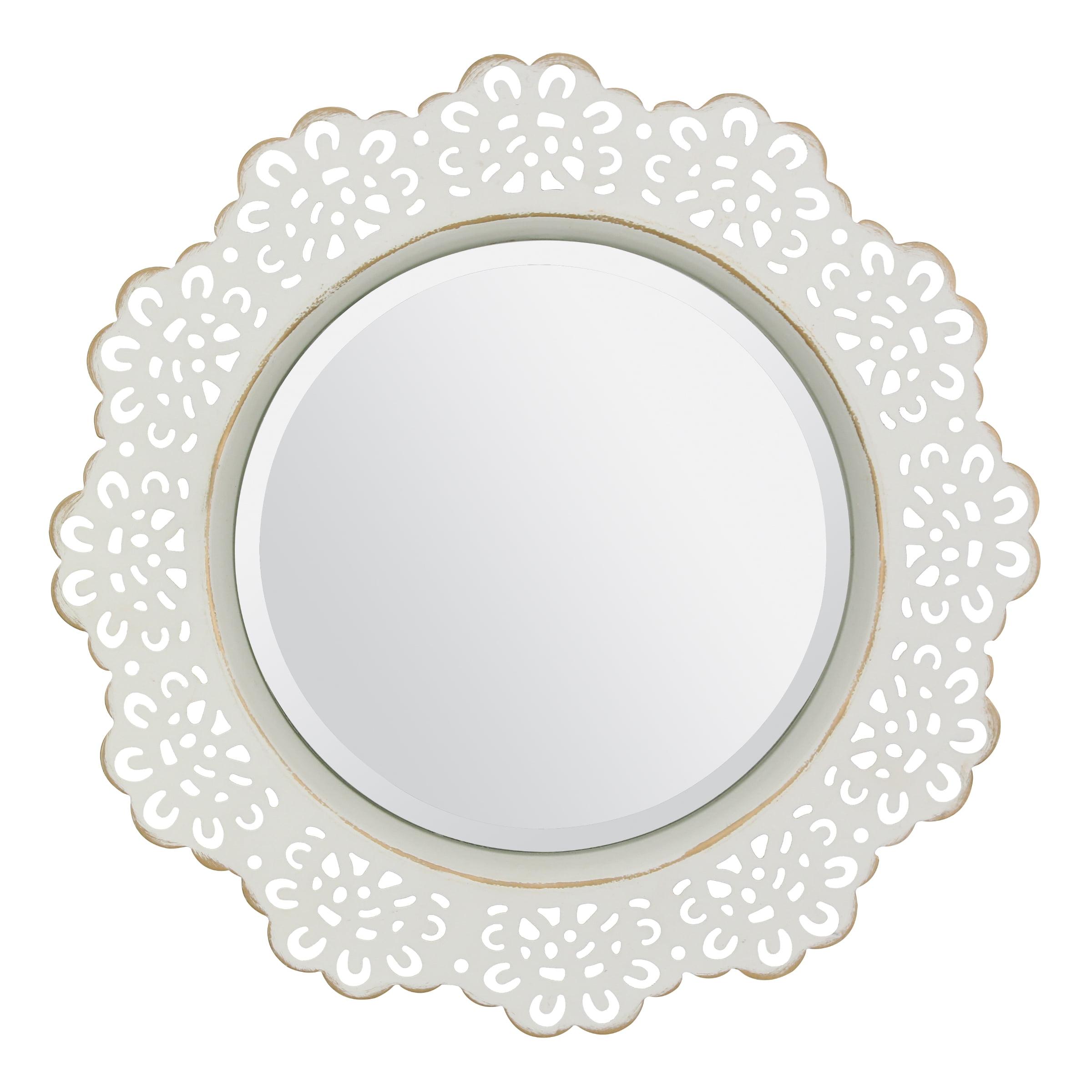 Elegant Round 15'' Gold and Off-White Metal Lace Accent Mirror