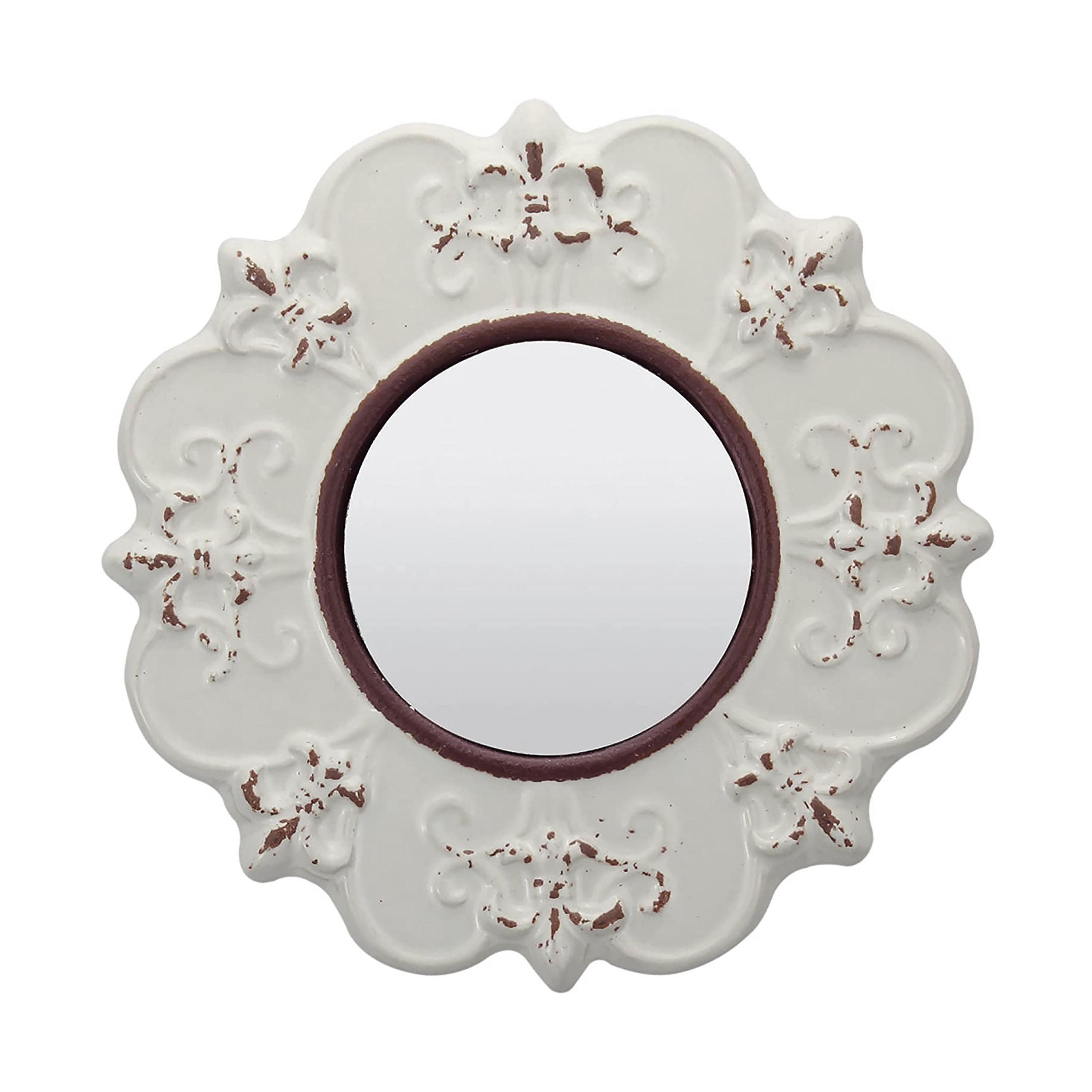 Antique White 8" Round Ceramic Fleur de Lis Wall Mirror