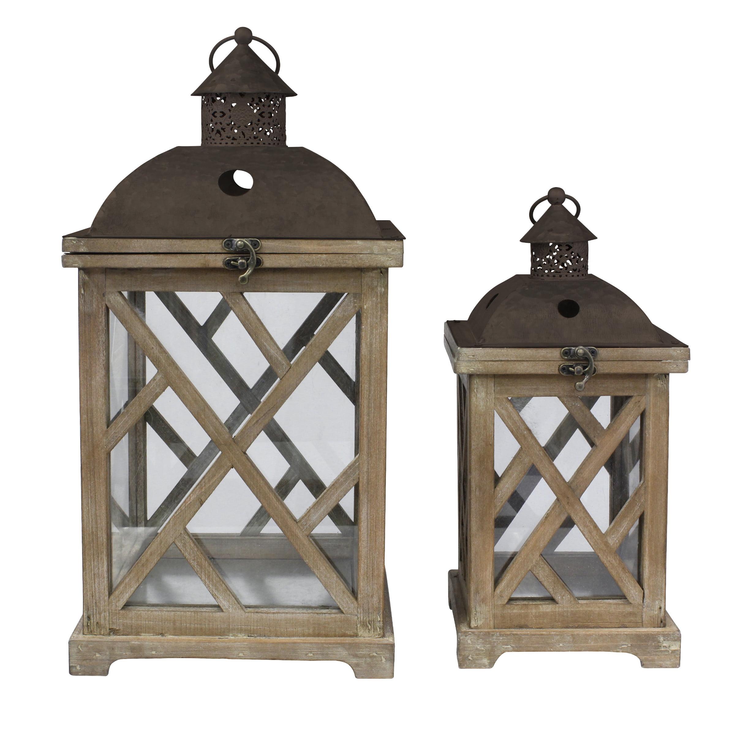 Stonebriar Collection Set of 2 Wooden and Metal Hurricane Candles Lantern Brown : Indoor/Outdoor, Pillar Compatible