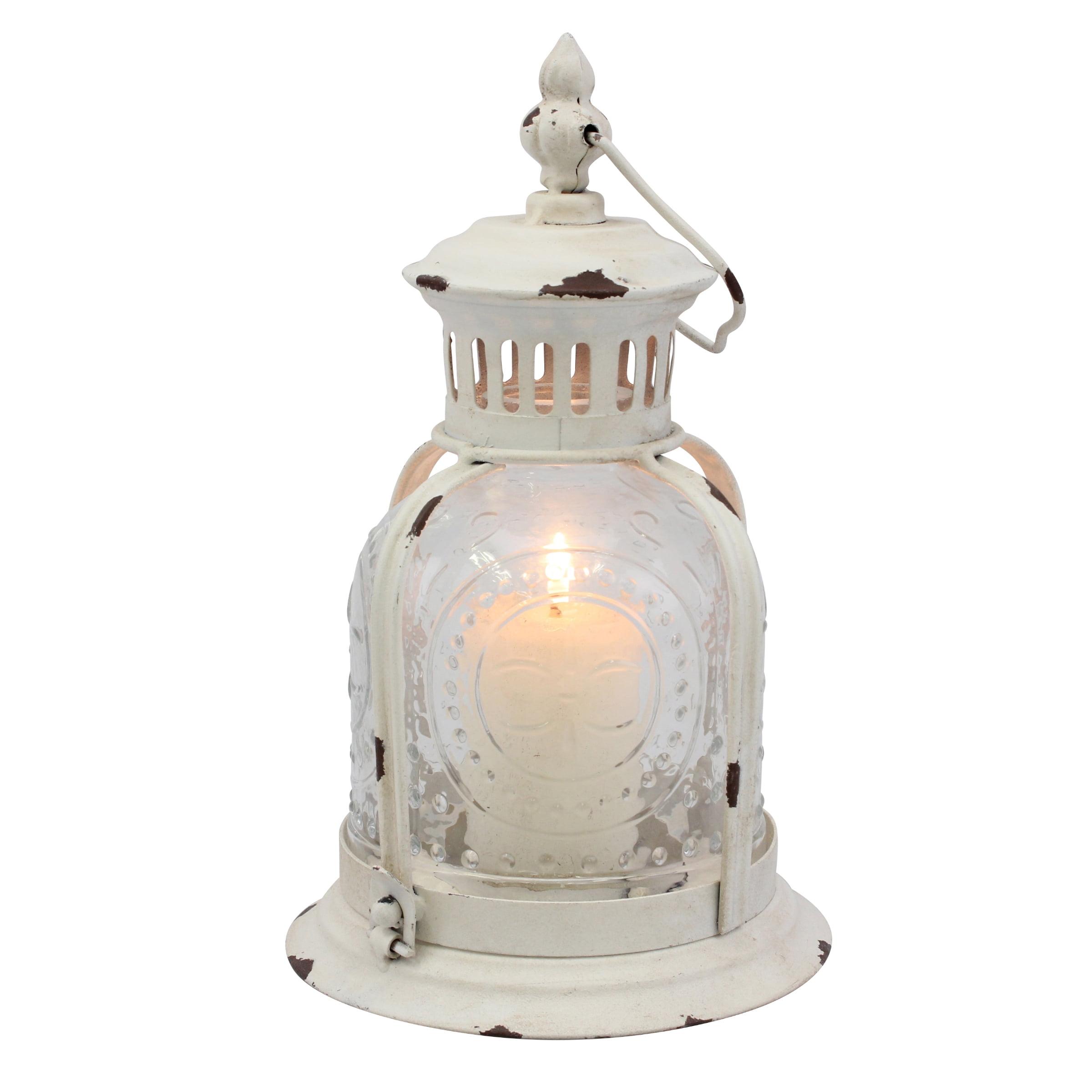 Distressed White Metal and Glass Tabletop Candle Lantern, 6.4" x 9.9"