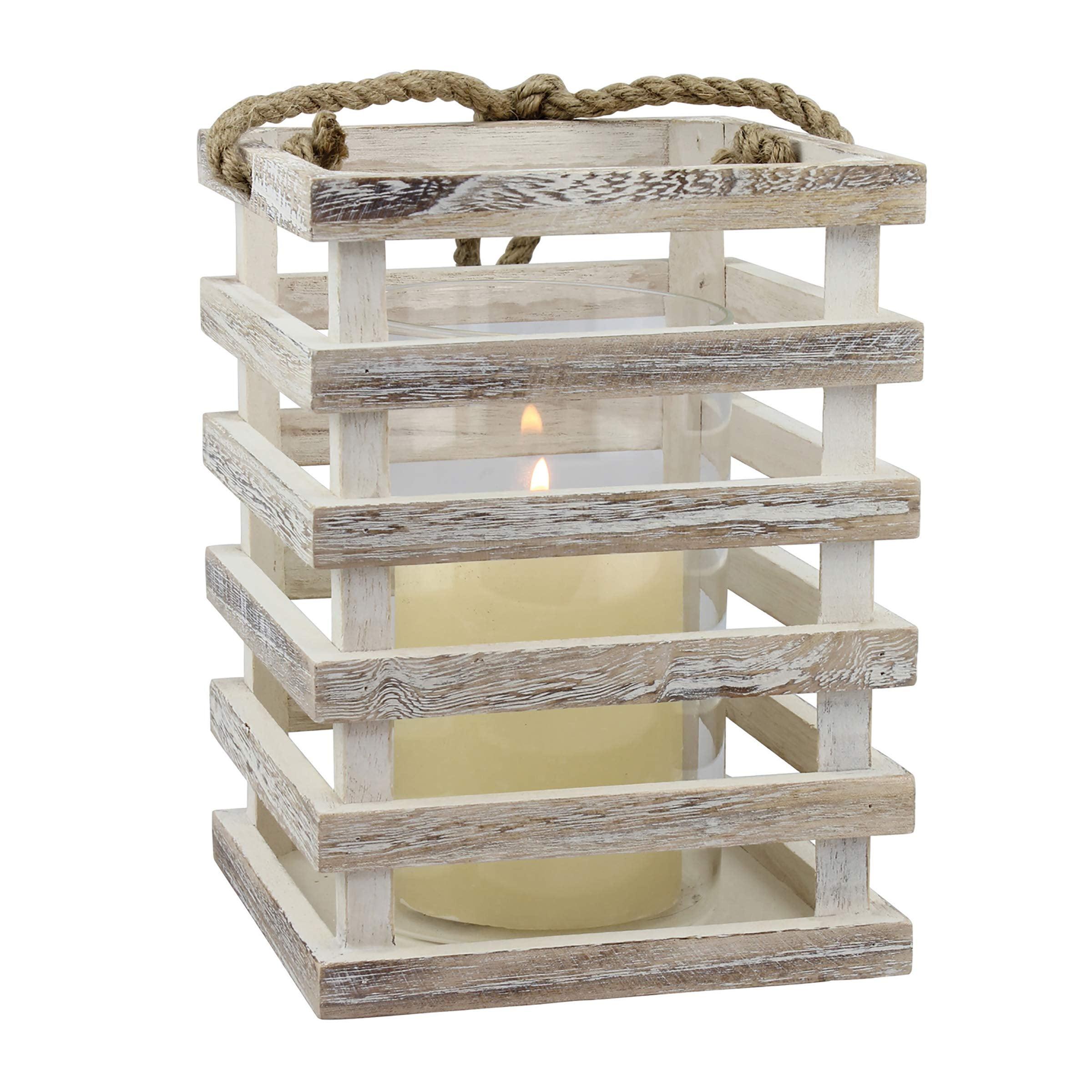 Stonebriar Indoor 6" Coastal Wood Candle Holder with Removable Glass Cylinder, Off-White