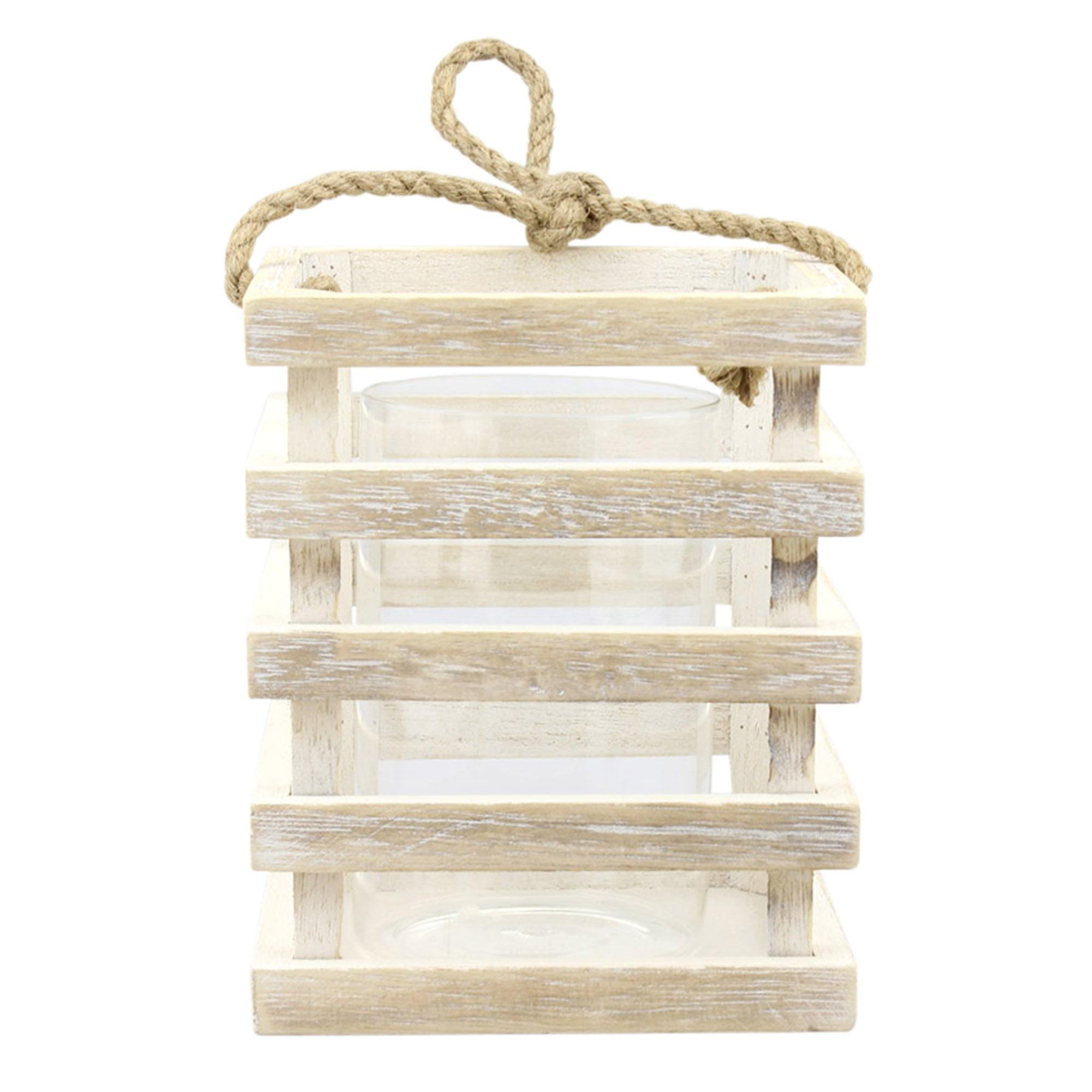 Stonebriar Indoor 6" Coastal Wood Candle Holder with Removable Glass Cylinder, Off-White