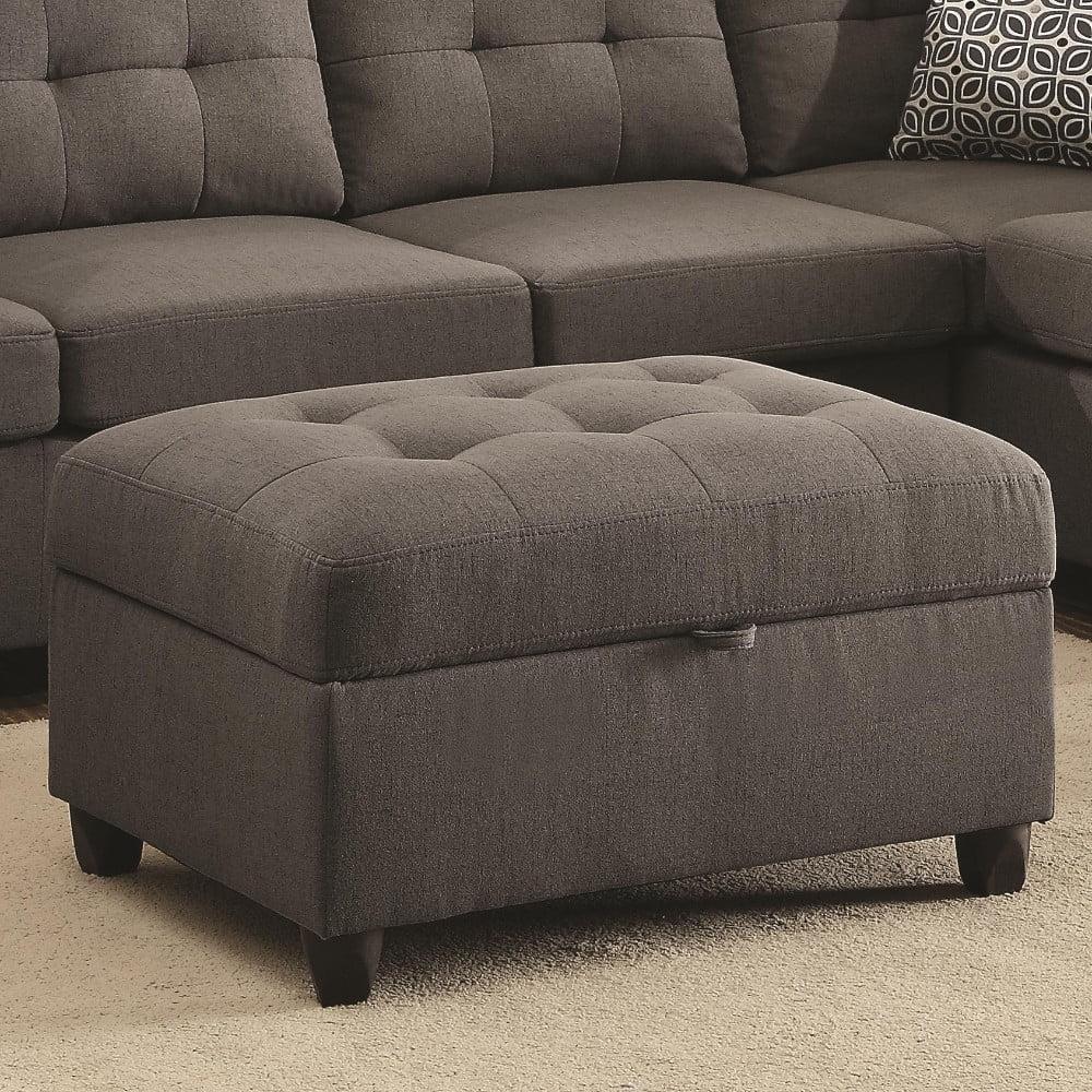 Gray Tufted Linen Storage Ottoman with Black Legs