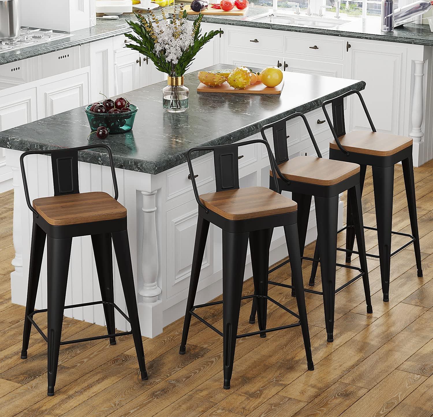 Set of 4 Black Metal and Wood Counter Stools