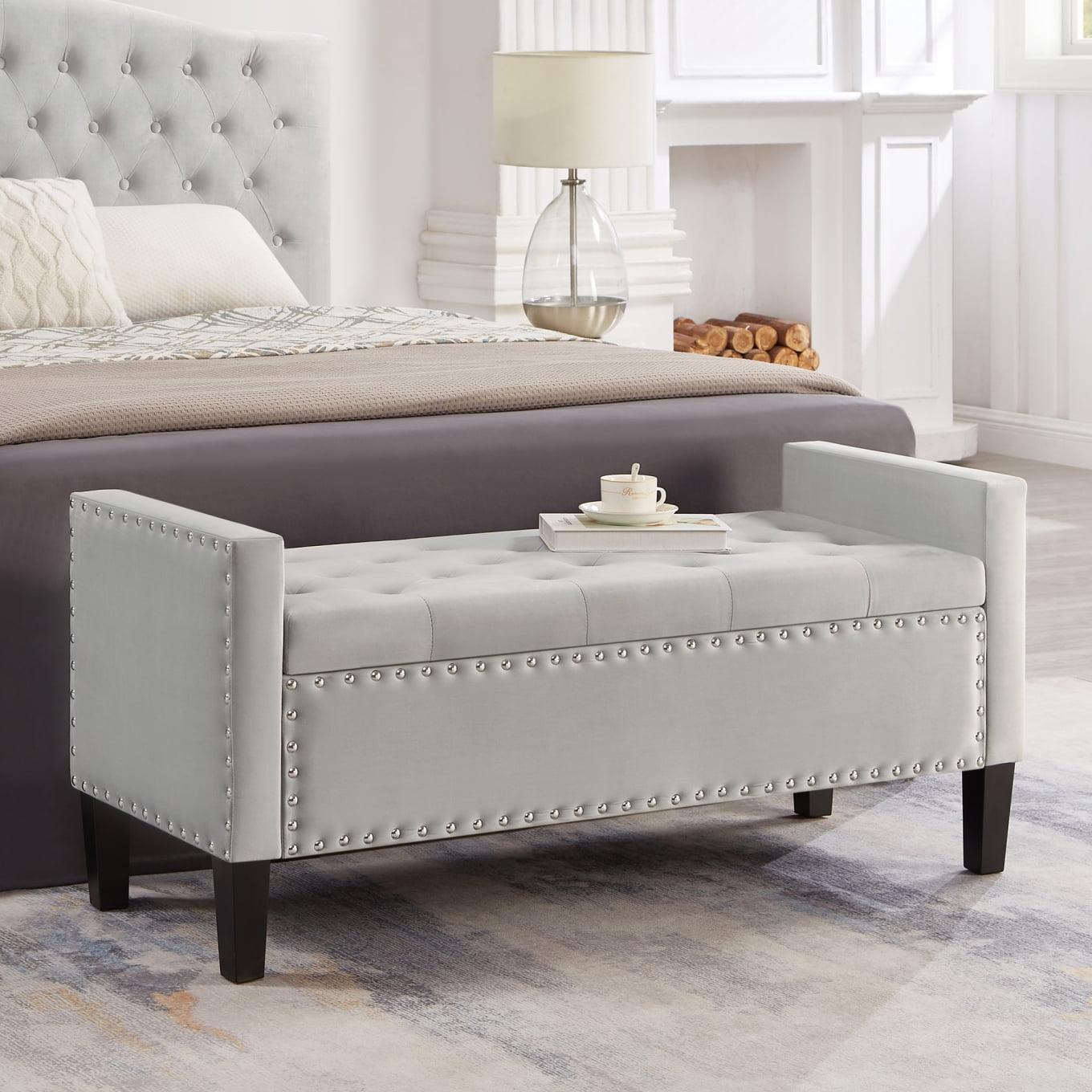 Storage Bench for Bedroom End of Bed, 48" Velvet Upholstered Storage Ottoman Bench with Nails Trim and Safety Hinge Entryway Bench with Button-Tufted Padded Seat for Bedroom Entryway, Gray