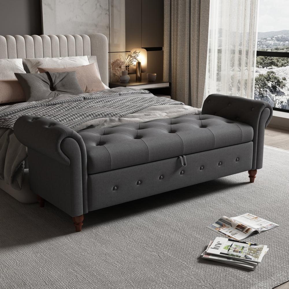 Dark Gray Tufted Upholstered Storage Bench with Rolled Arms