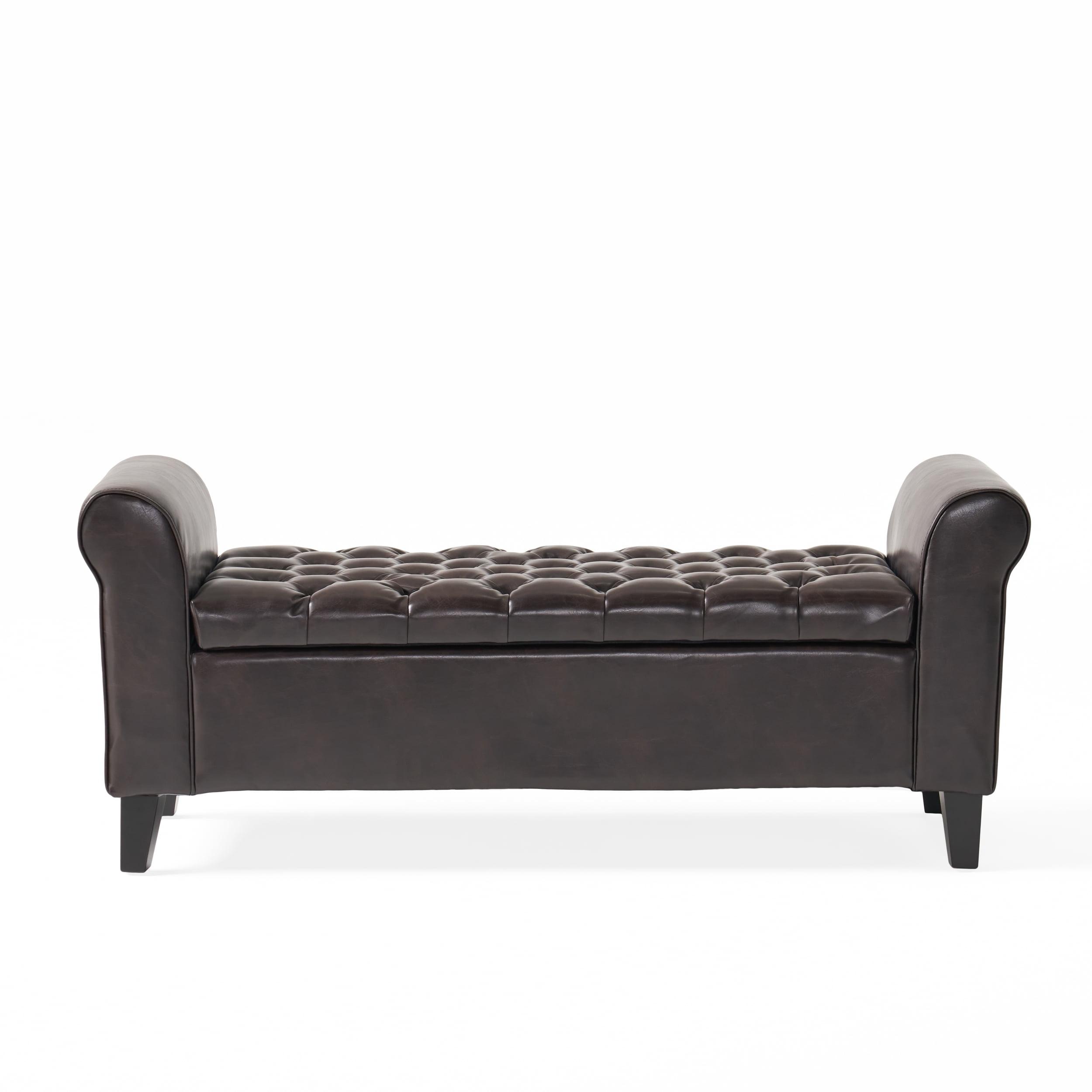 Keiko Tufted Brown Leather Storage Bench with Rolled Arms