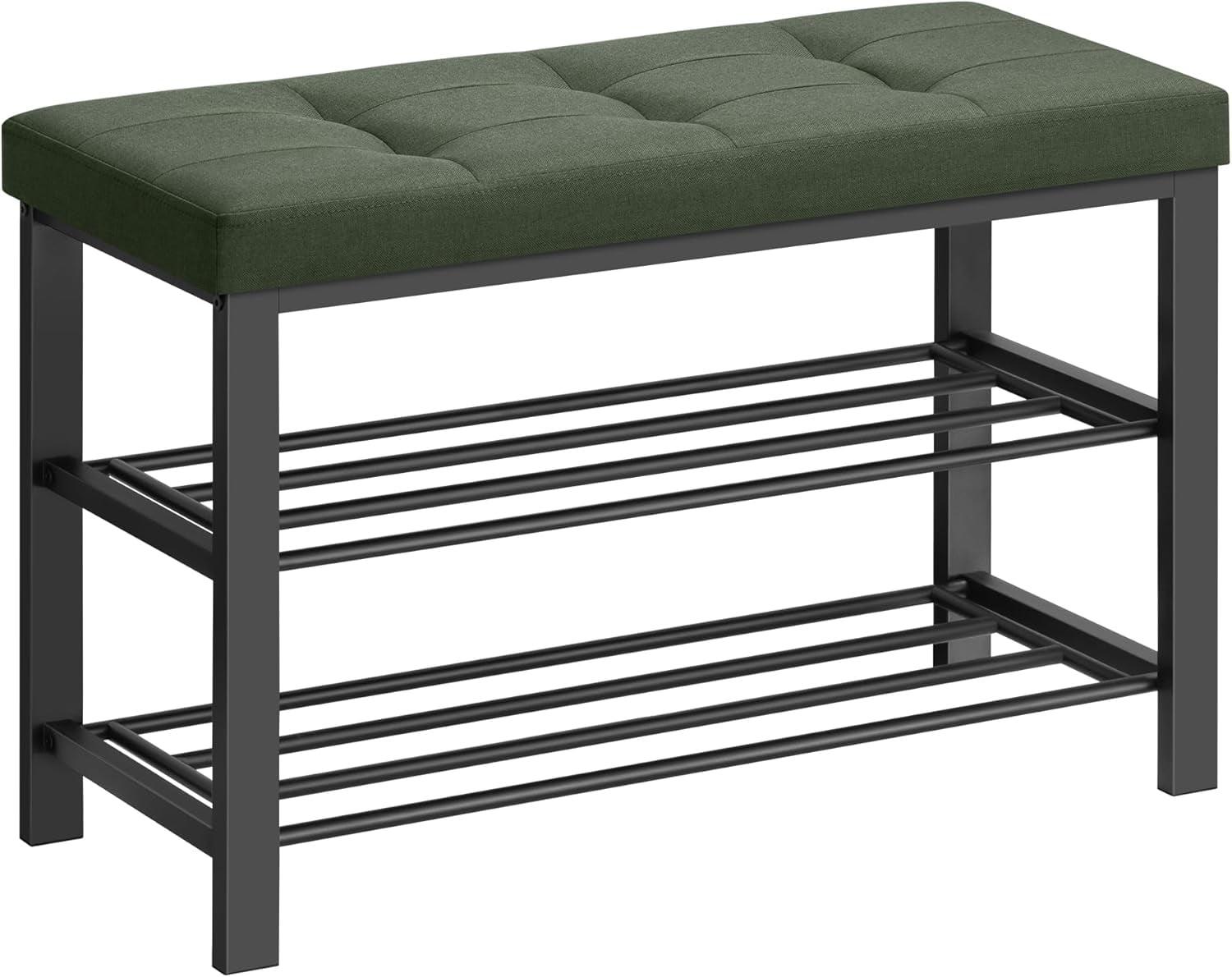 Storage Bench with Cushion, 3-Tier Shoe Rack for Entryway Organizer with Foam Padded Seat, Linen, Metal Frame, for Living Room, Hallway, Forest Green and Ink Black, 31.9" W