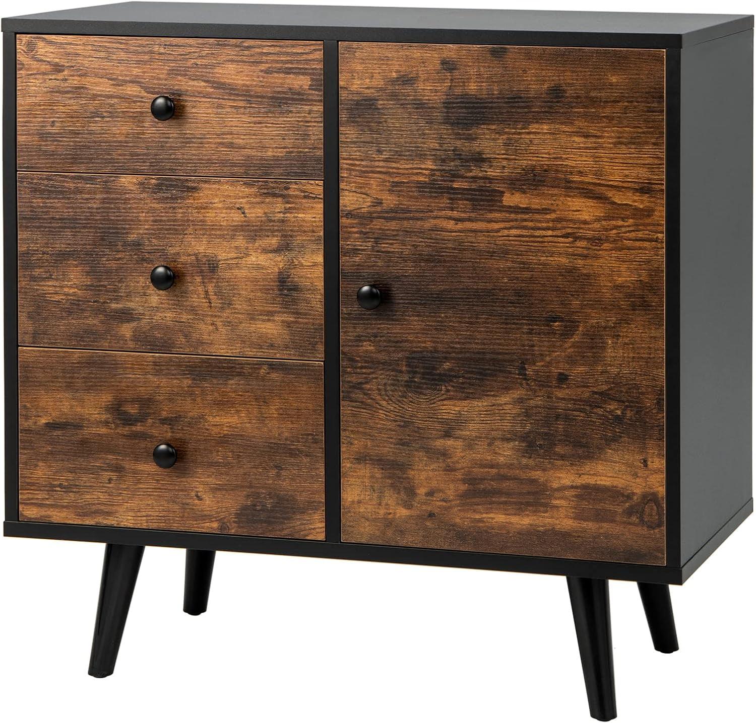 Industrial Brown Wood Accent Cabinet with Drawers and Door