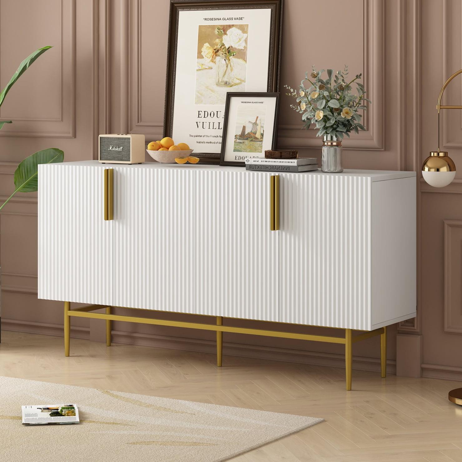 White 60" Modern Sideboard with Gold Metal Base and 4 Doors