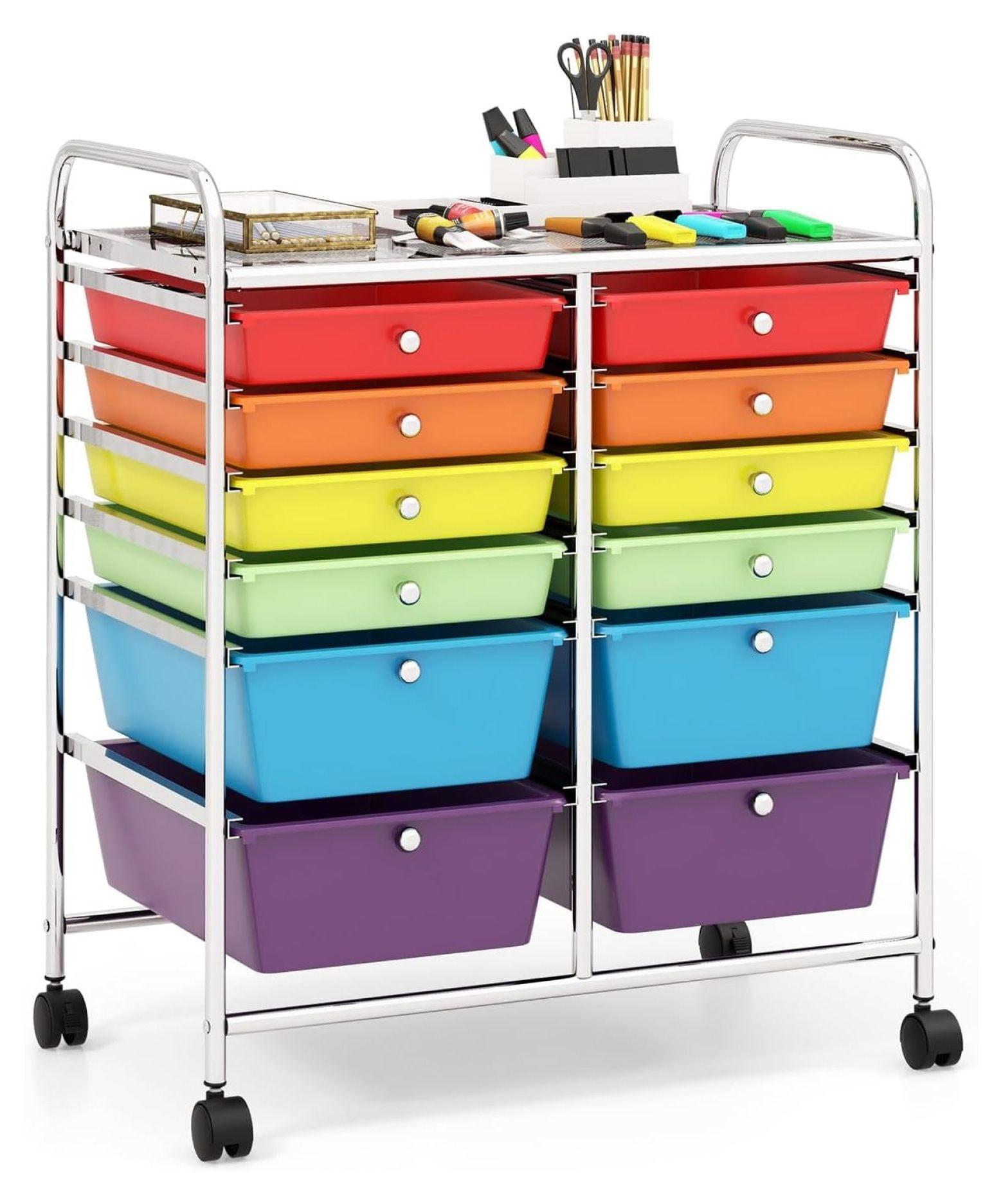 Storage Cart with 12 Drawers Rolling Wheels Semi-Transparent Multipurpose Mobile Rolling Utility Cart for School, Office, Home, Beauty Salon Files Arrangement Storage Organizer Cart, Multi-color