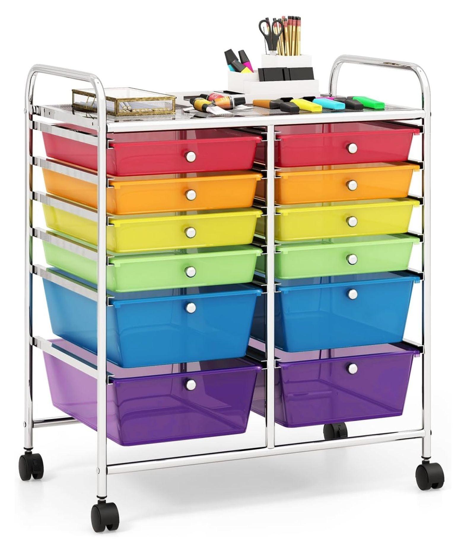 Storage Cart with 12 Drawers Rolling Wheels Semi-Transparent Multipurpose Mobile Rolling Utility Cart for School, Office, Home, Beauty Salon Files Arrangement Storage Organizer Cart, Multi-color