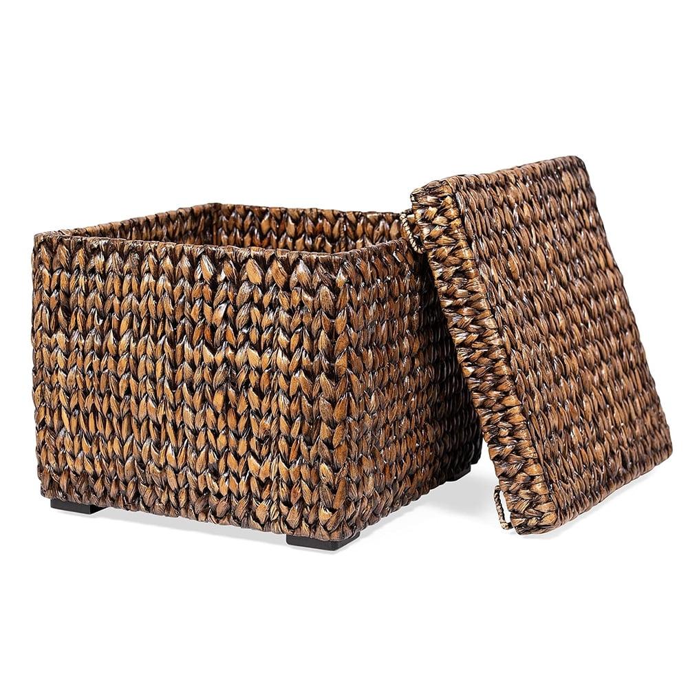 Storage Cube Box with Lid - Brown Wash Seagrass - Hand Woven Container for Blankets Pillows - Sturdy Metal Frame