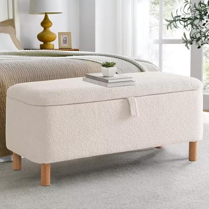 Storage Ottoman Bench with 250lb Seating, 39.5" Boucle Upholstered Entryway Bench with Wood Legs and Safety Hinge, Flip Top Foot Rest Long Stool for Sofa Couch Bedroom End of Bed, White