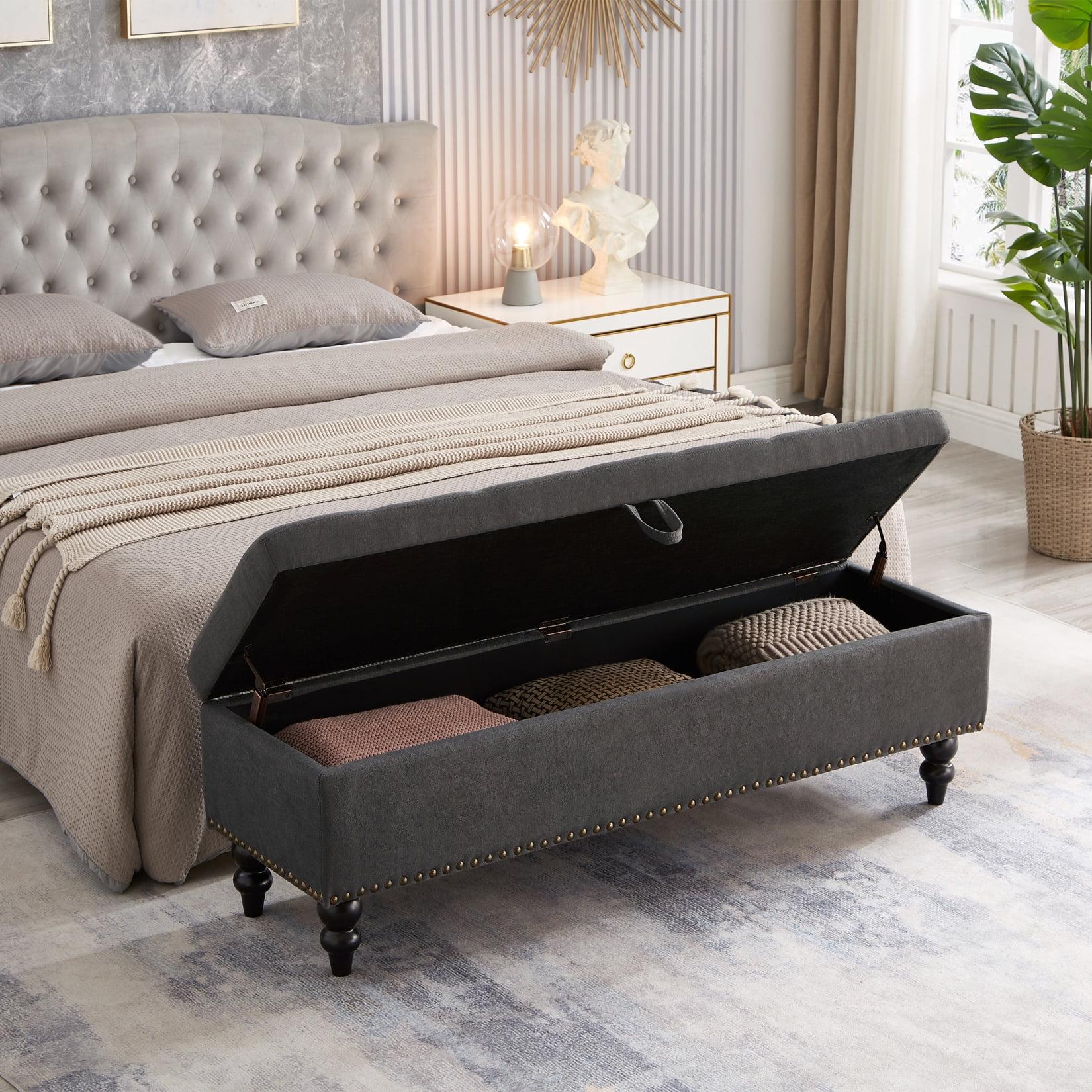 Gray Cotton Linen Upholstered Storage Ottoman Bench with Dark Brown Legs