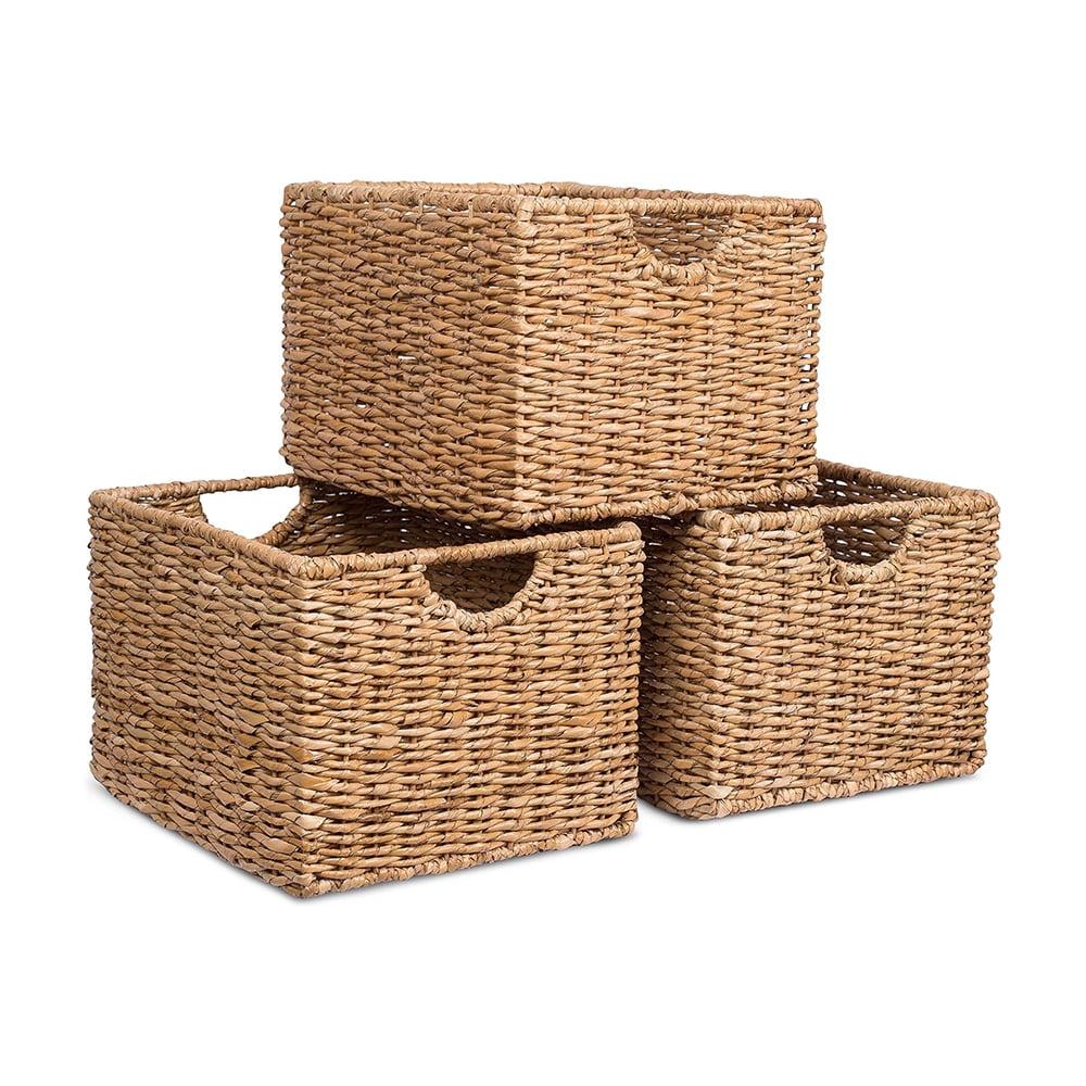 Storage Shelf Organizer Baskets with Handles - Set of 3 - Seagrass Wicker Basket - Pantry Living Room Office-Bathroom Shelves Organization - Under Shelf Basket - Handwoven (Natural)