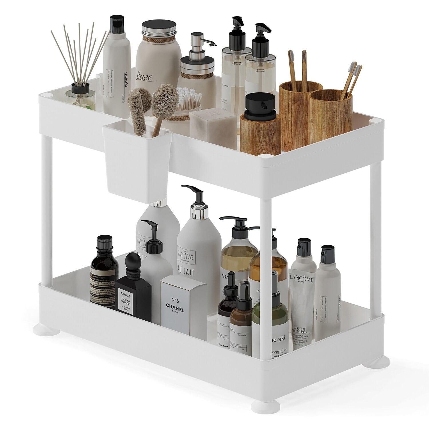 White Two-Tier Under Sink Organizer with Utility Hooks