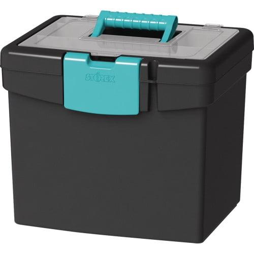 Storex Plastic File Storage Box with XL Storage Lid, Fits Letter-size Paper, Black/Blue