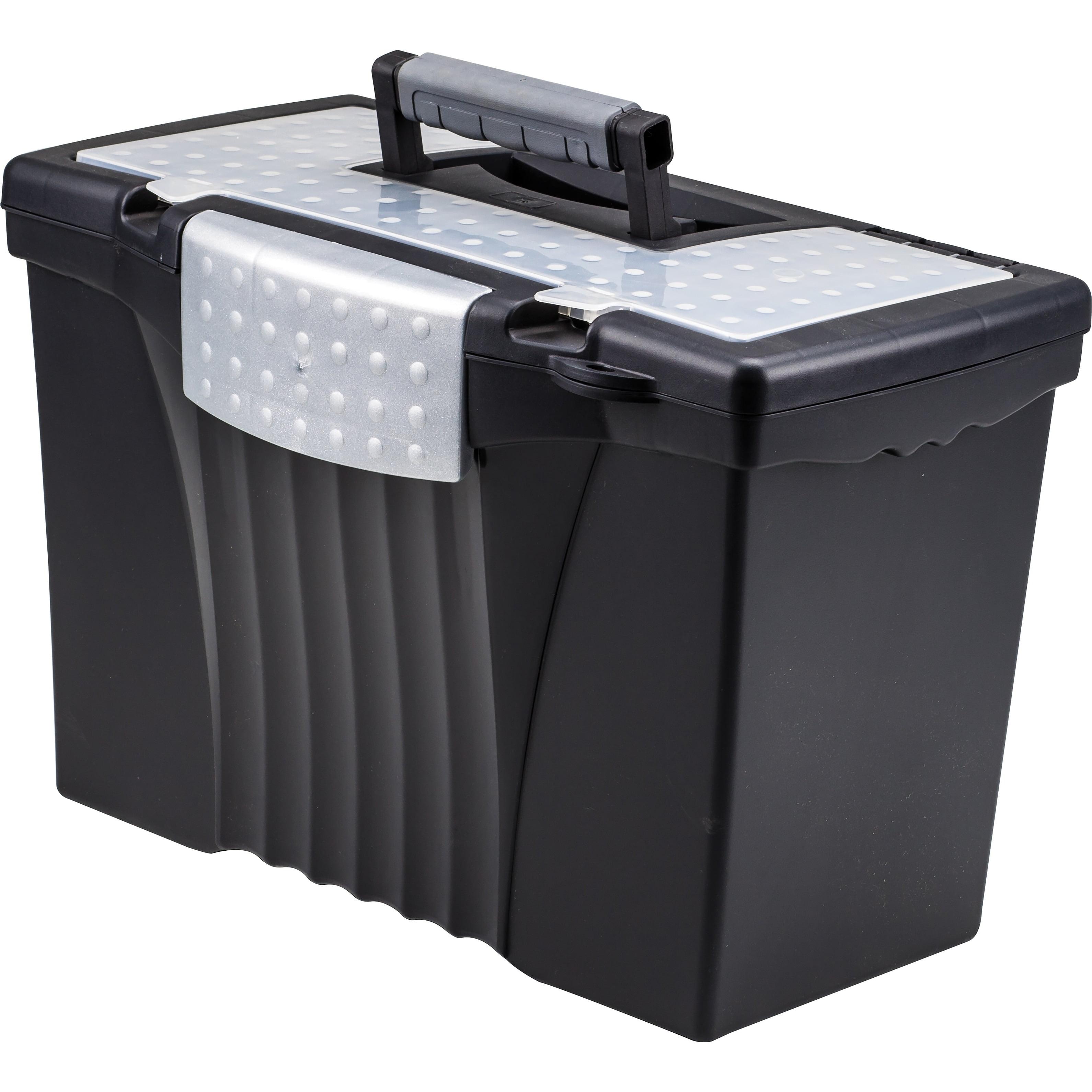 Storex Portable File Box with Organizer Lid, Letter/Legal, Black