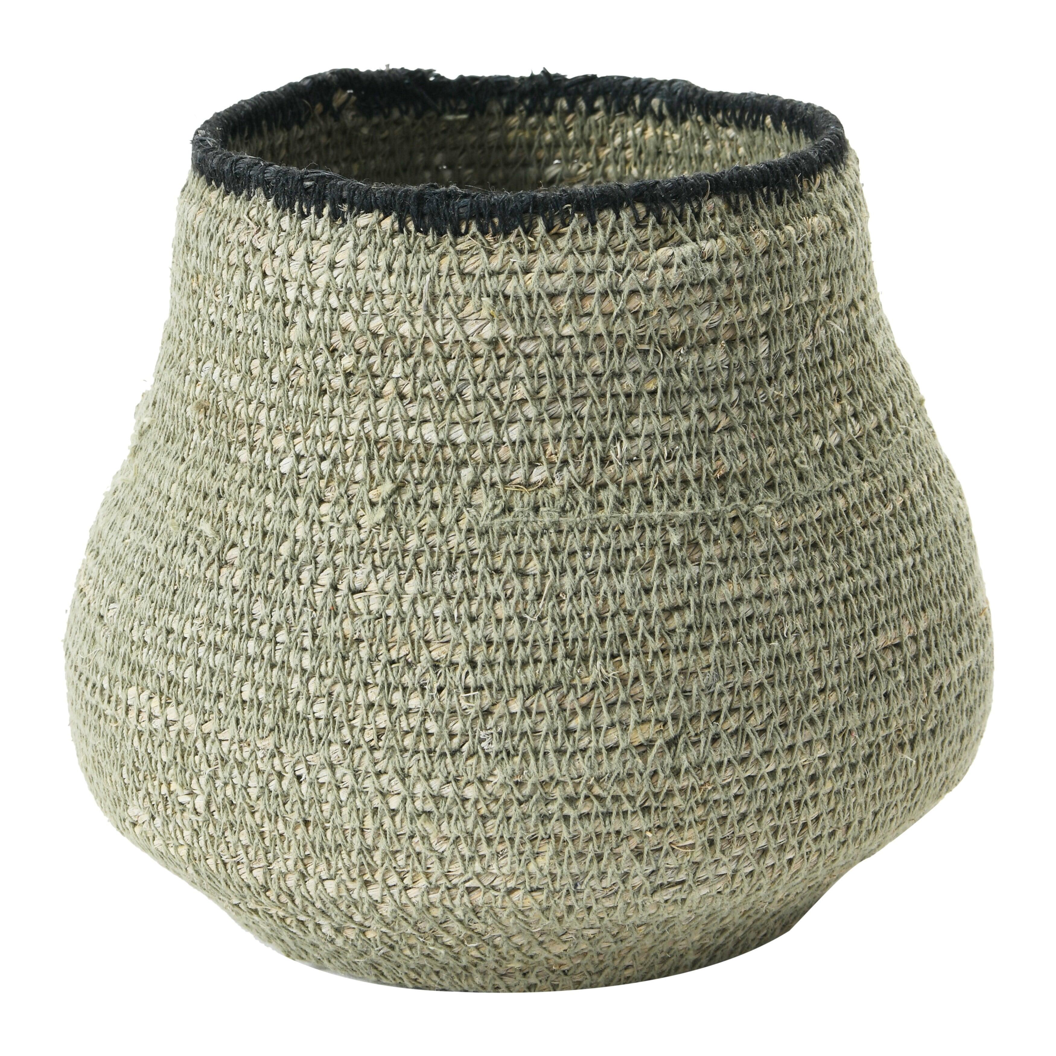 Hand-Woven Round Seagrass Storage Basket, Grey and Black